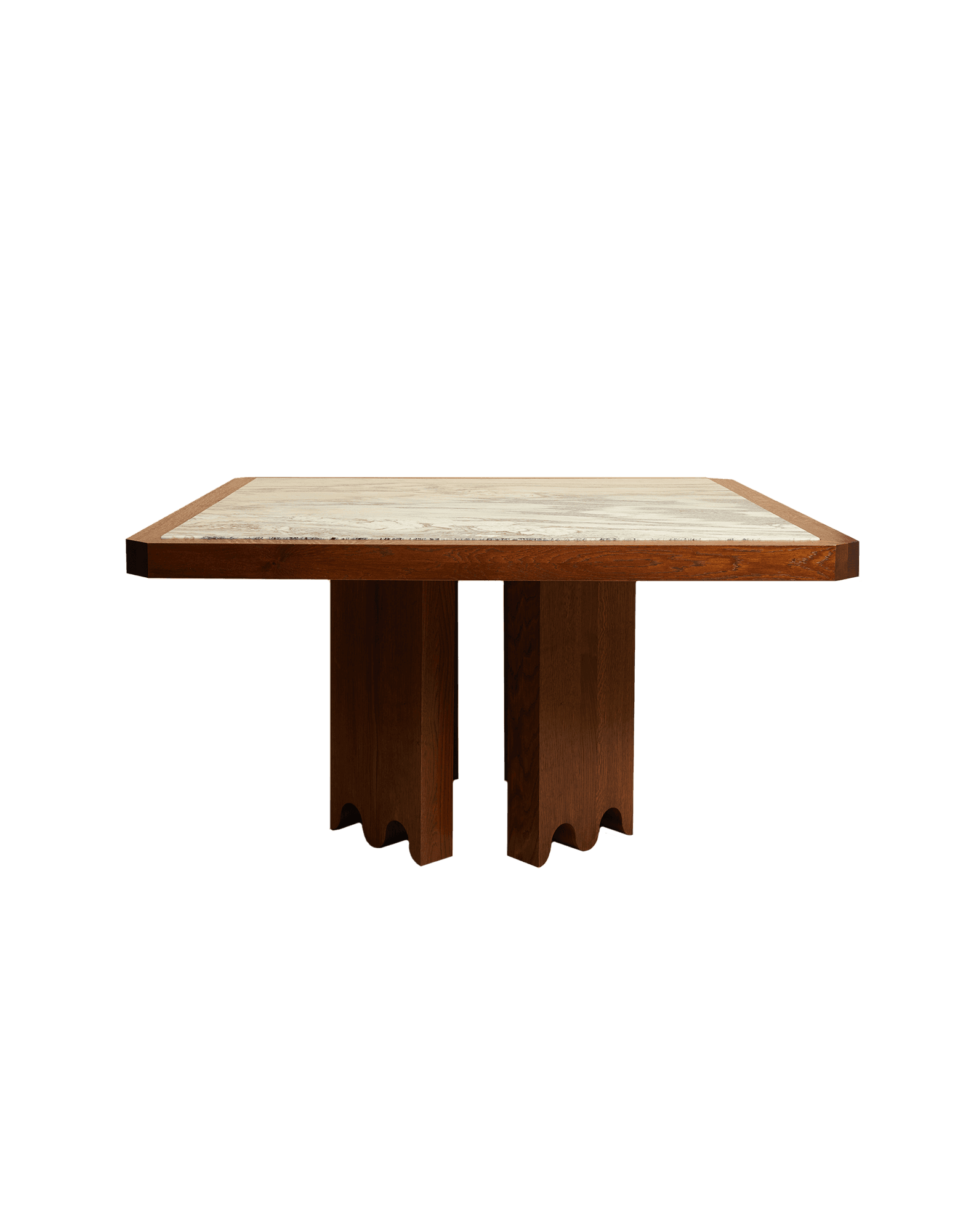 Quadrata Table by Studio Ebur - cream marble top with oak frame and wavy scalloped wooden legs