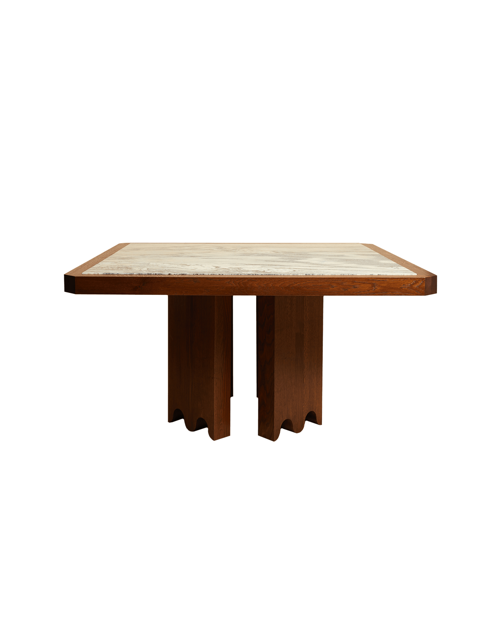 Quadrata Table by Studio Ebur - cream marble top with oak frame and wavy scalloped wooden legs