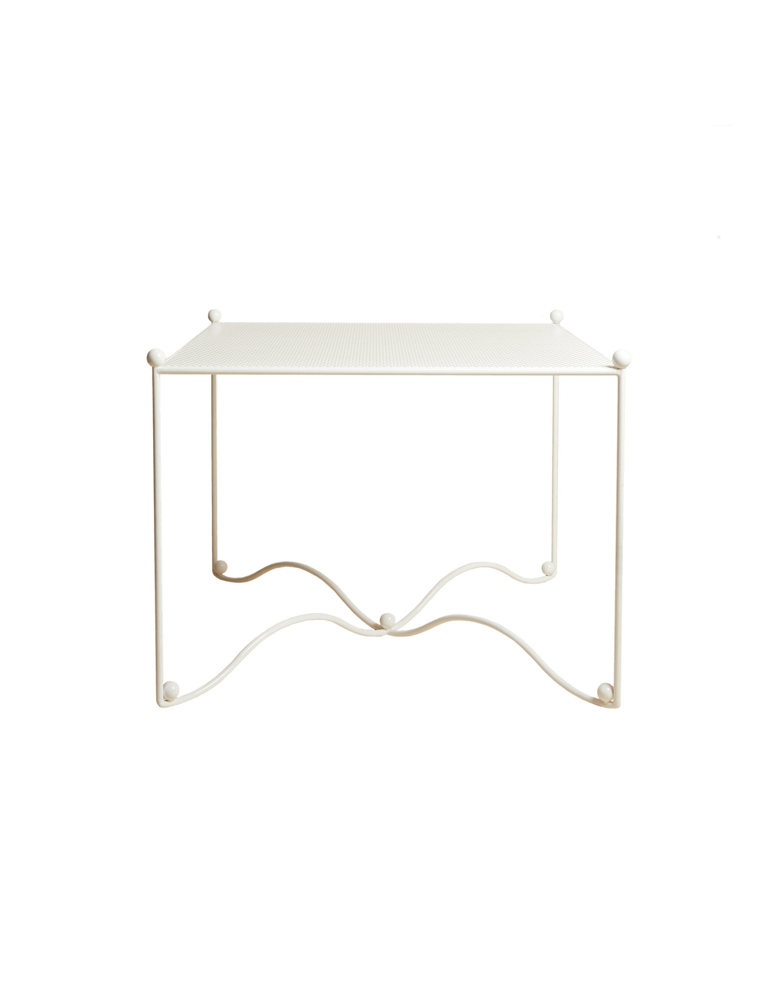 Reine Table by Studio Ebur - off-white perforated metal with spherical finials and wavy metalwork apron