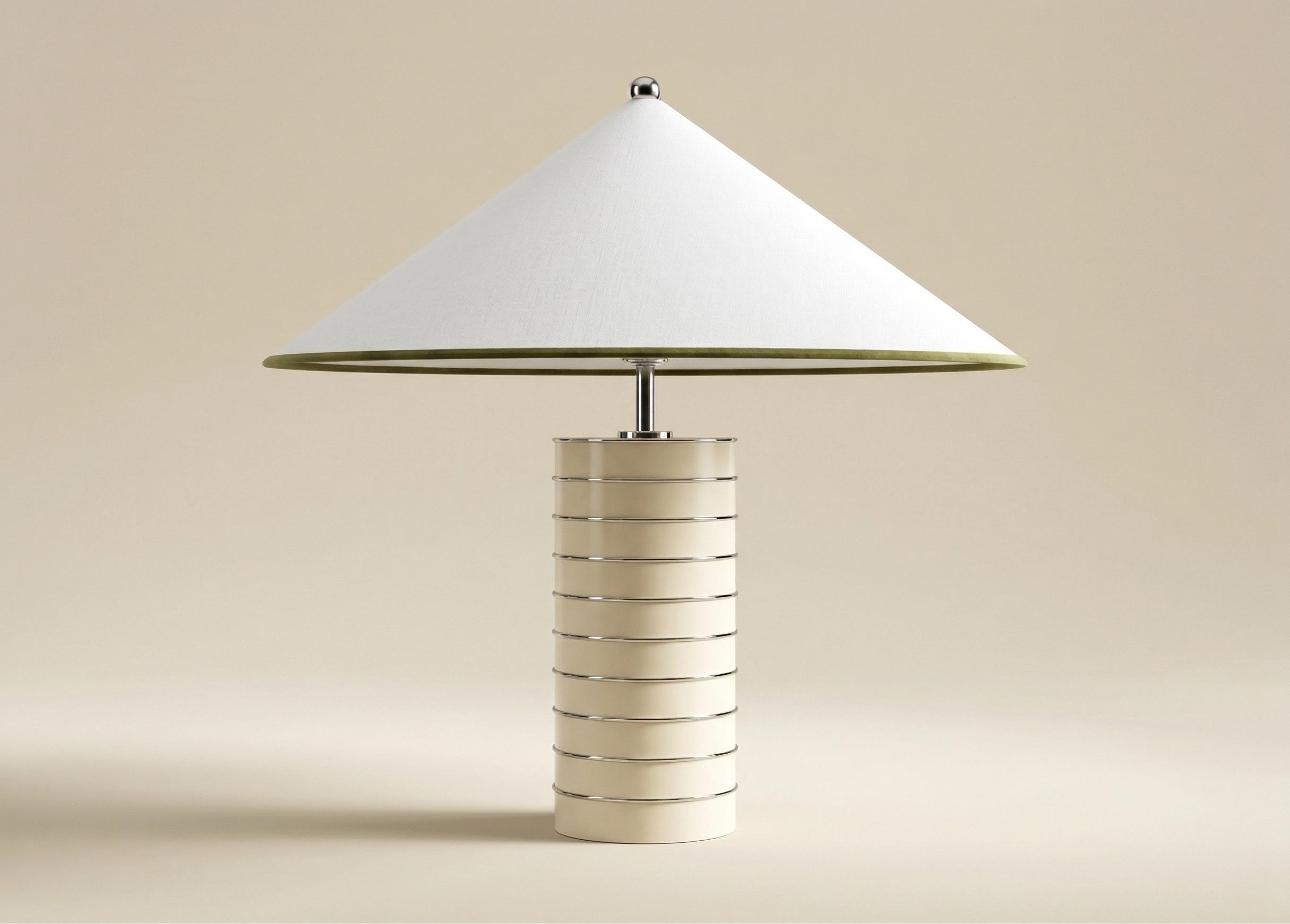 Frances Table Lamp by Necchi Architecture – conical off-white shade, olive green trim, spherical chrome finial, beige base