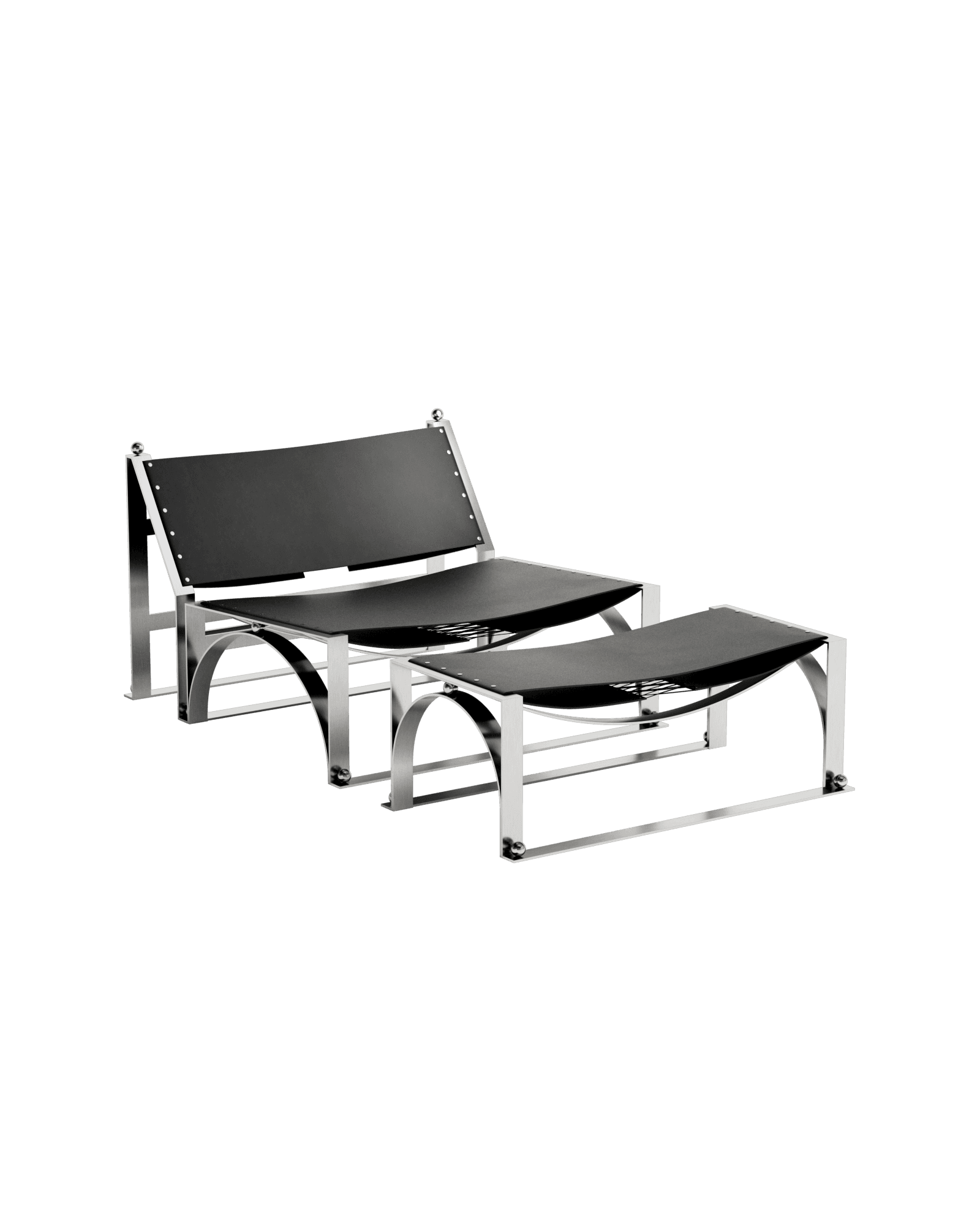 Ray Lounge Chair by Necchi Architecture – polished steel arched frame, dark leather sling seat with spherical fasteners