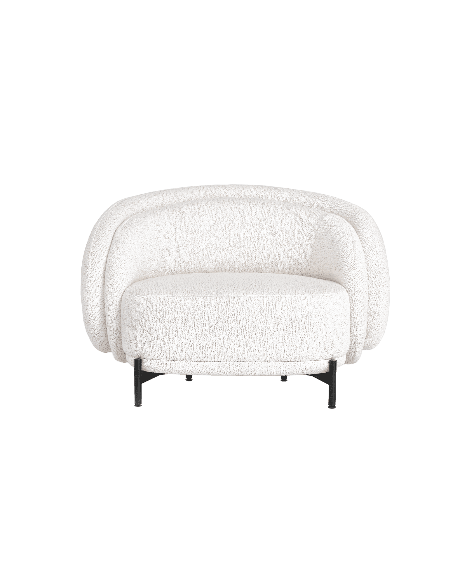Ame Lounge armchair by Studio Paolo Ferrari - off-white textile chair, enveloping curved form, black metal legs