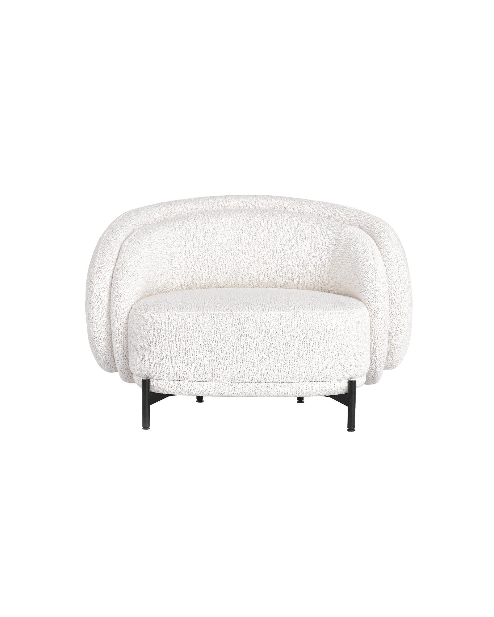 Ame Lounge armchair by Studio Paolo Ferrari - off-white textile chair, enveloping curved form, black metal legs