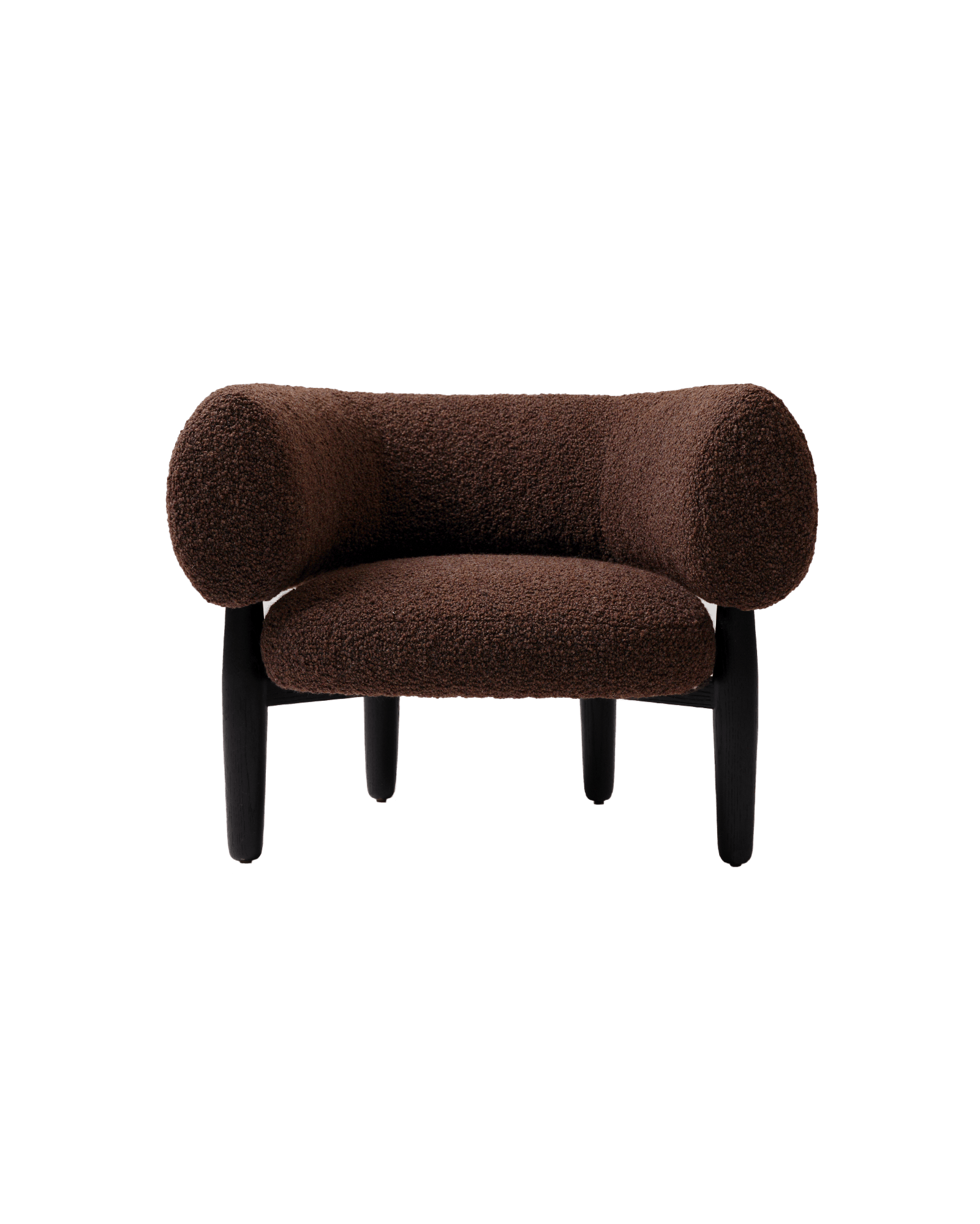Boe Lounge Armchair by Studio Paolo Ferrari - dark brown boucle armchair, continuous rounded shell, black wood legs