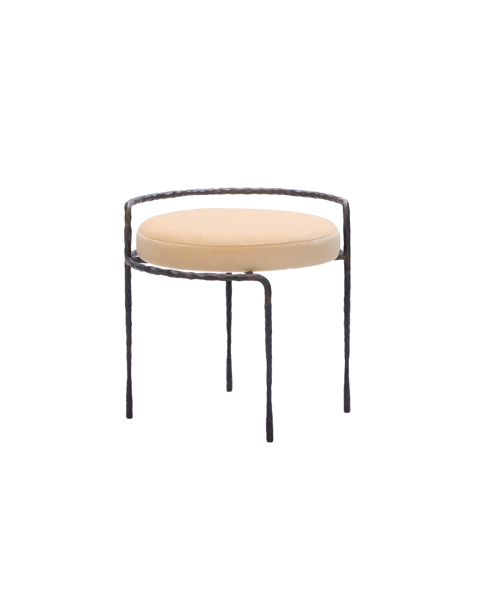 Hammered Metal Stool by Studio Paolo Ferrari - dark hammered metal frame, rounded beige upholstered cushion