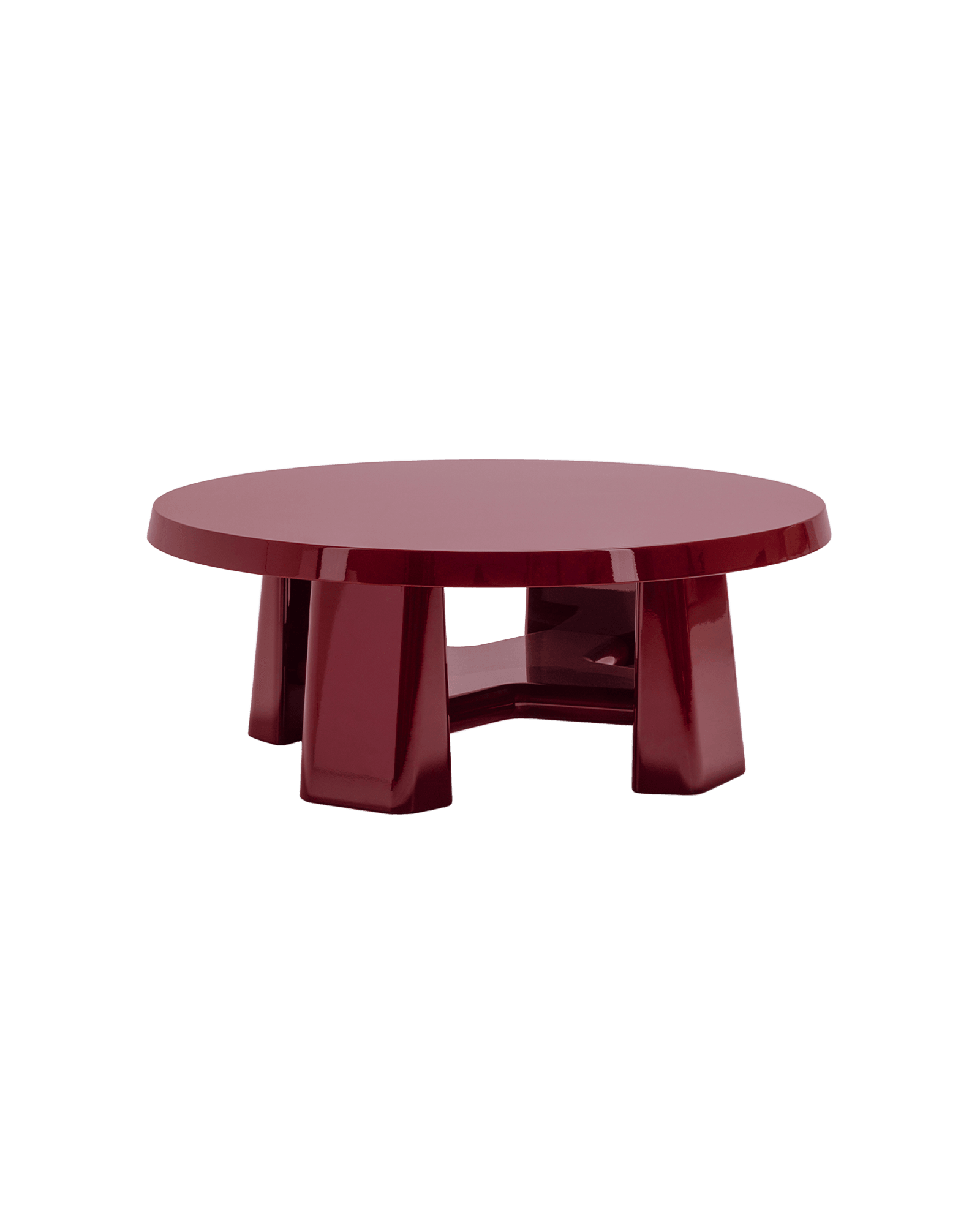 Mr. B Round Coffee Table by Studio Paolo Ferrari - burgundy lacquer table, trapezoidal inward legs