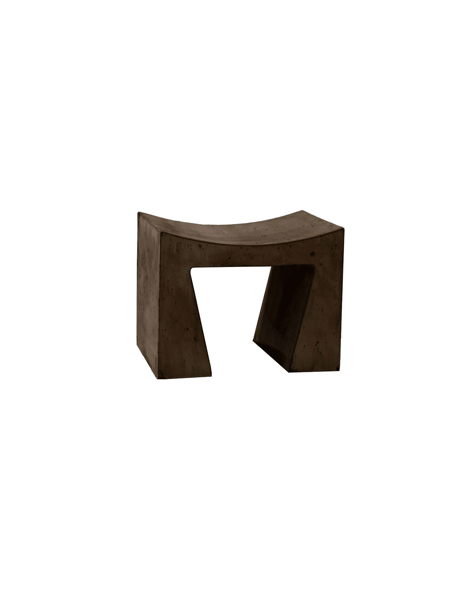 Archi stool by Elsa Foulon - low dark concrete-like rectangular bench with trapezoidal cut-out legs, raw mottled surface