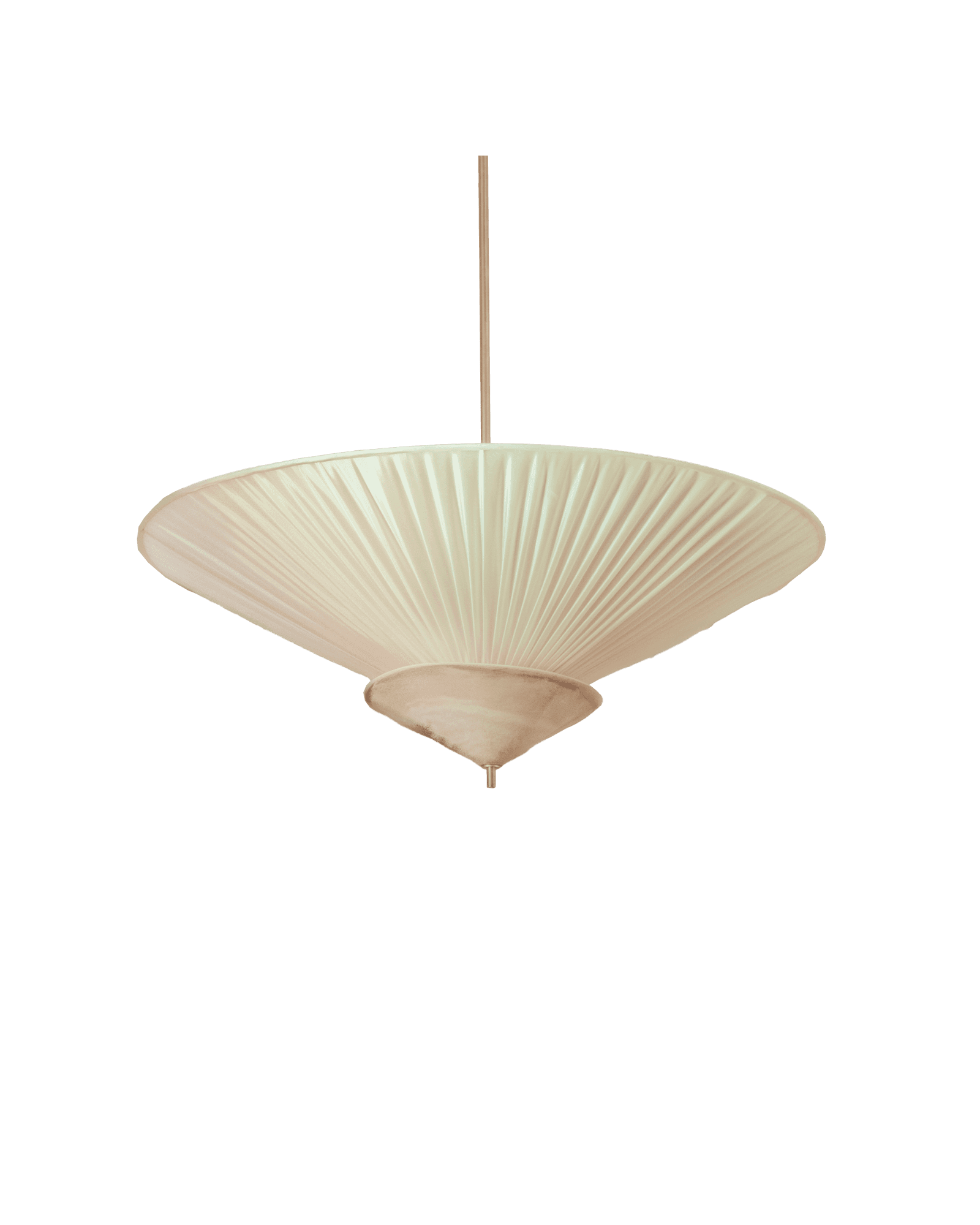 Demoiselle pendant by Elsa Foulon - wide pleated off-white textile disc shade with light wood cone and slender suspension rod