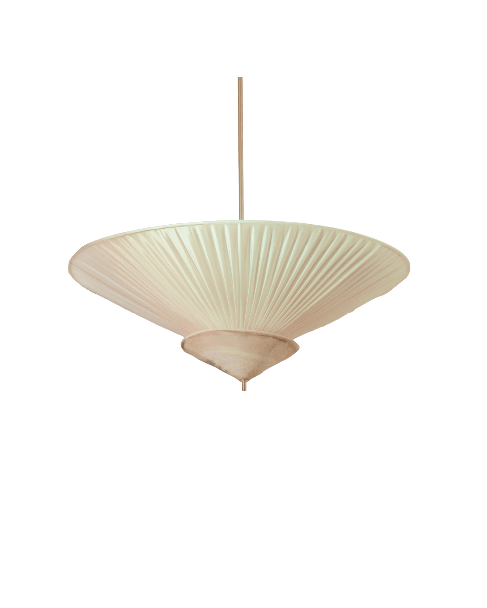 Demoiselle pendant by Elsa Foulon - wide pleated off-white textile disc shade with light wood cone and slender suspension rod