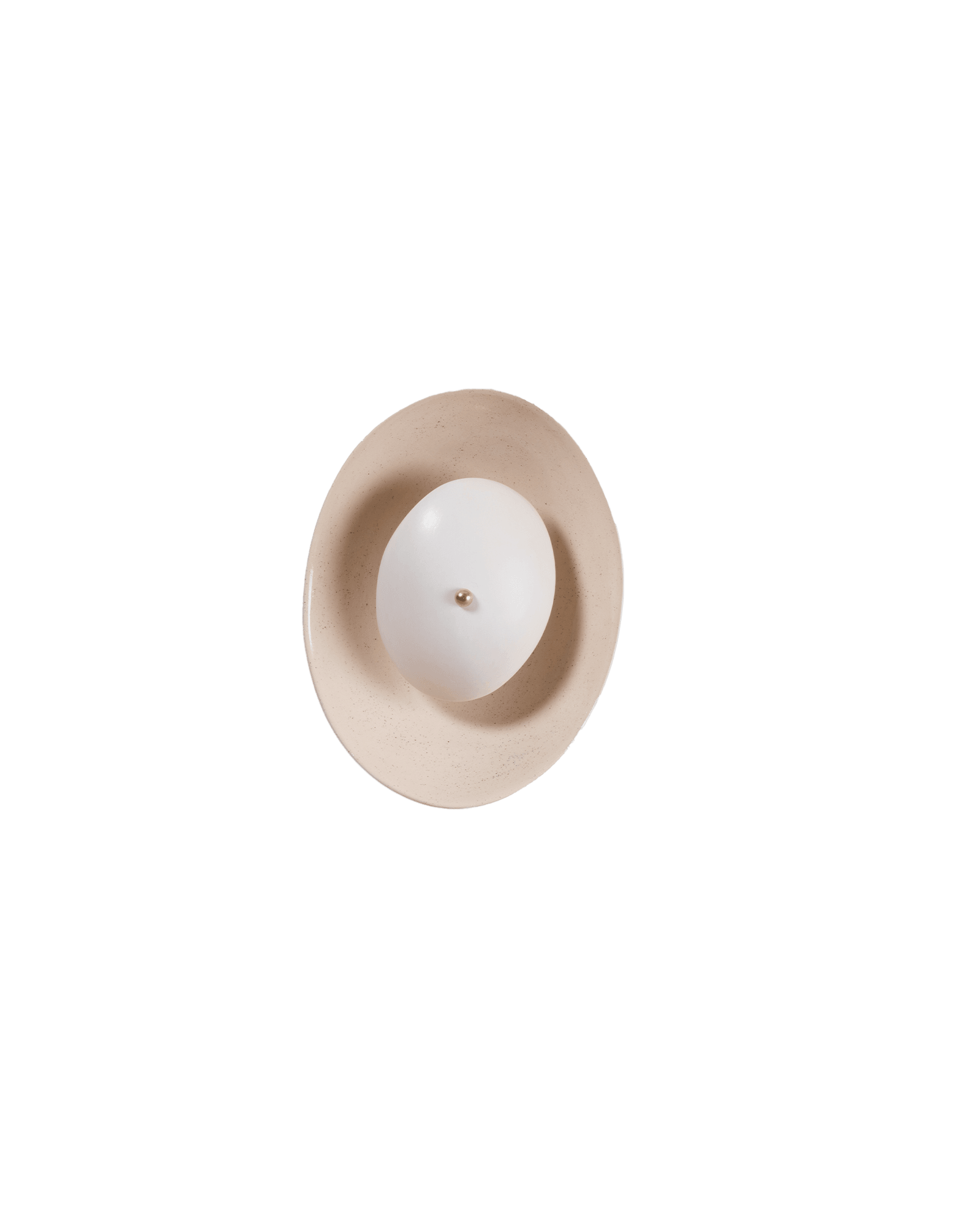 Hera Wall Sconce by Elsa Foulon - speckled beige ceramic backplate with white glass egg diffuser and brass knob