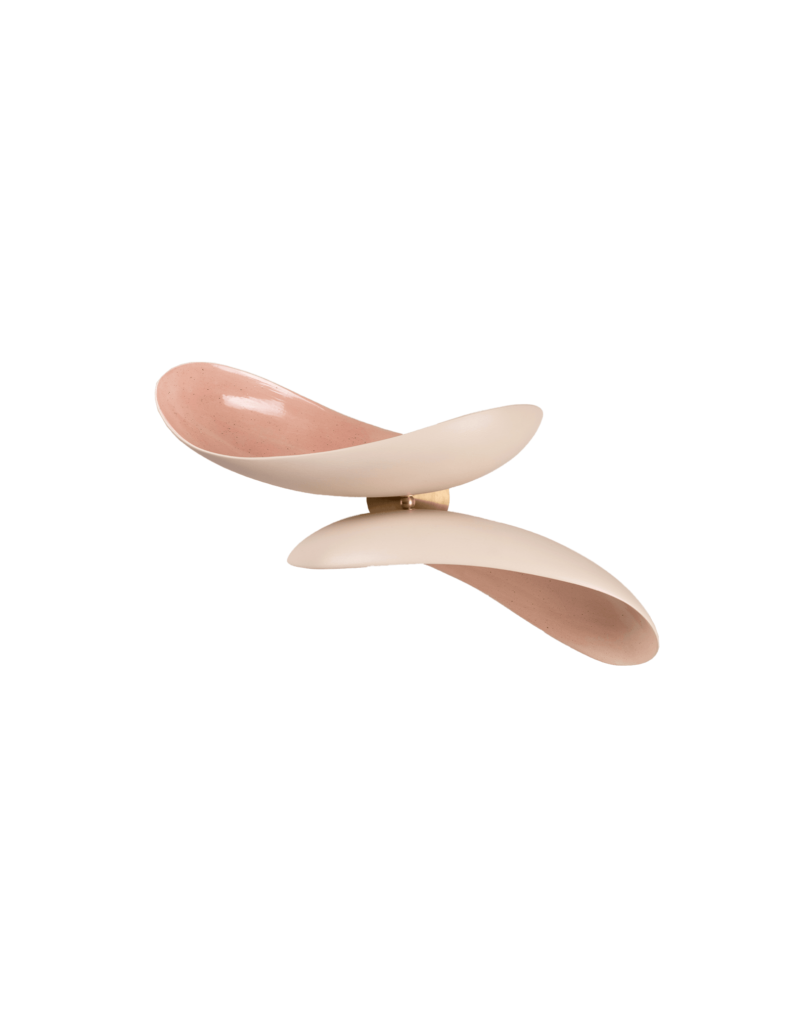 Venus Wall Sconce by Elsa Foulon - twin S-curved ceramic forms in cream and speckled pink, joined by a polished brass sphere