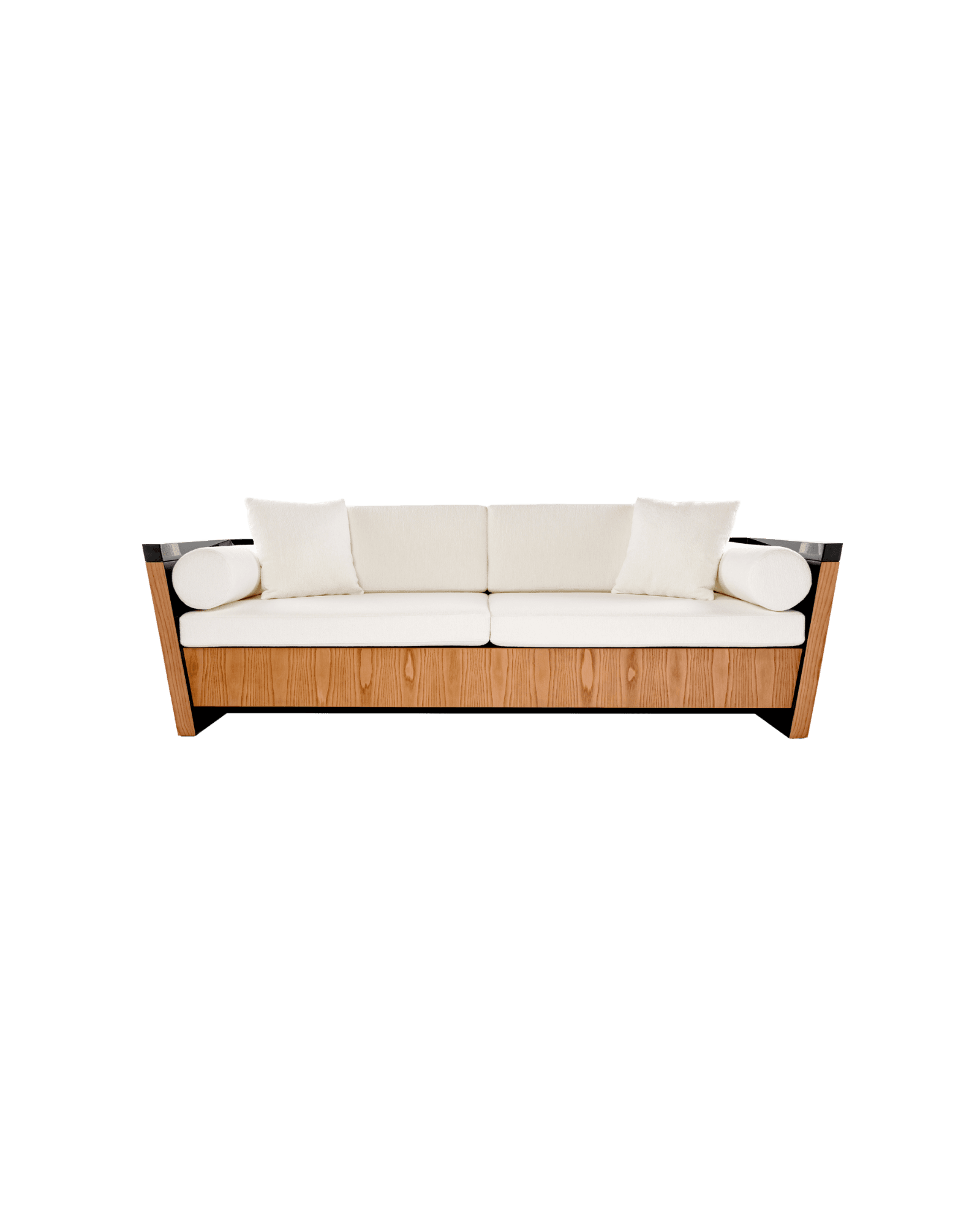 Vienna Block Sofa by GEOSTUDIO - cream fabric sofa, natural wood base, black lacquered armrests