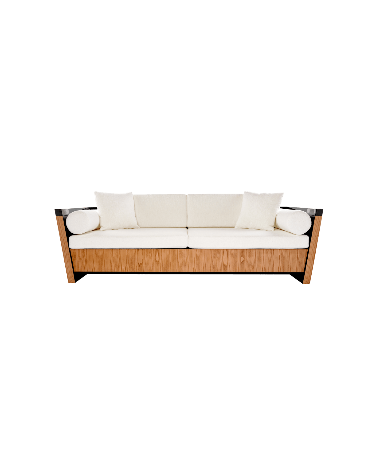 Vienna Block Sofa by GEOSTUDIO - cream fabric sofa, natural wood base, black lacquered armrests