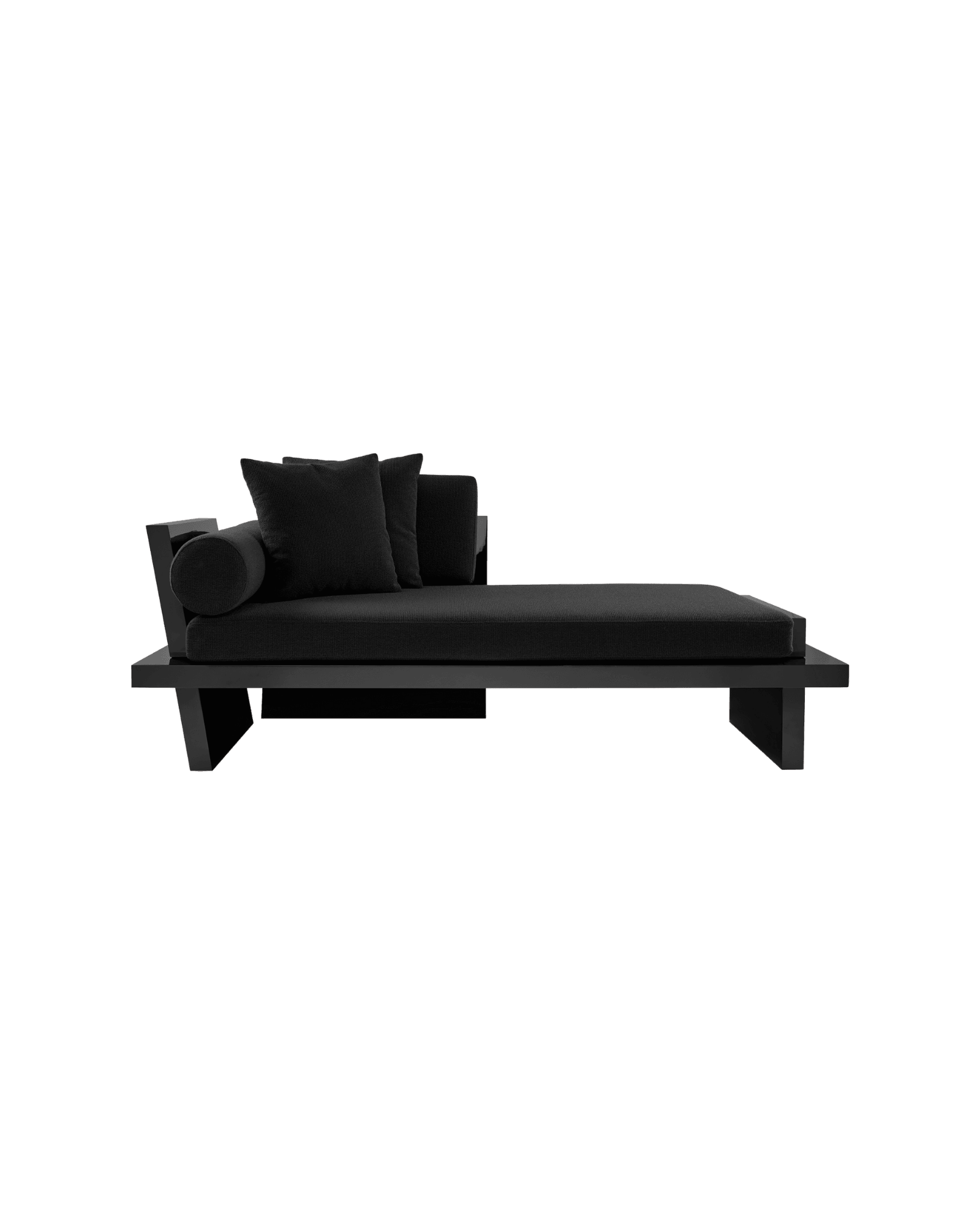 Vienna Daybed by GEOSTUDIO - black chaise longue, woven textile cushions, asymmetric bolster