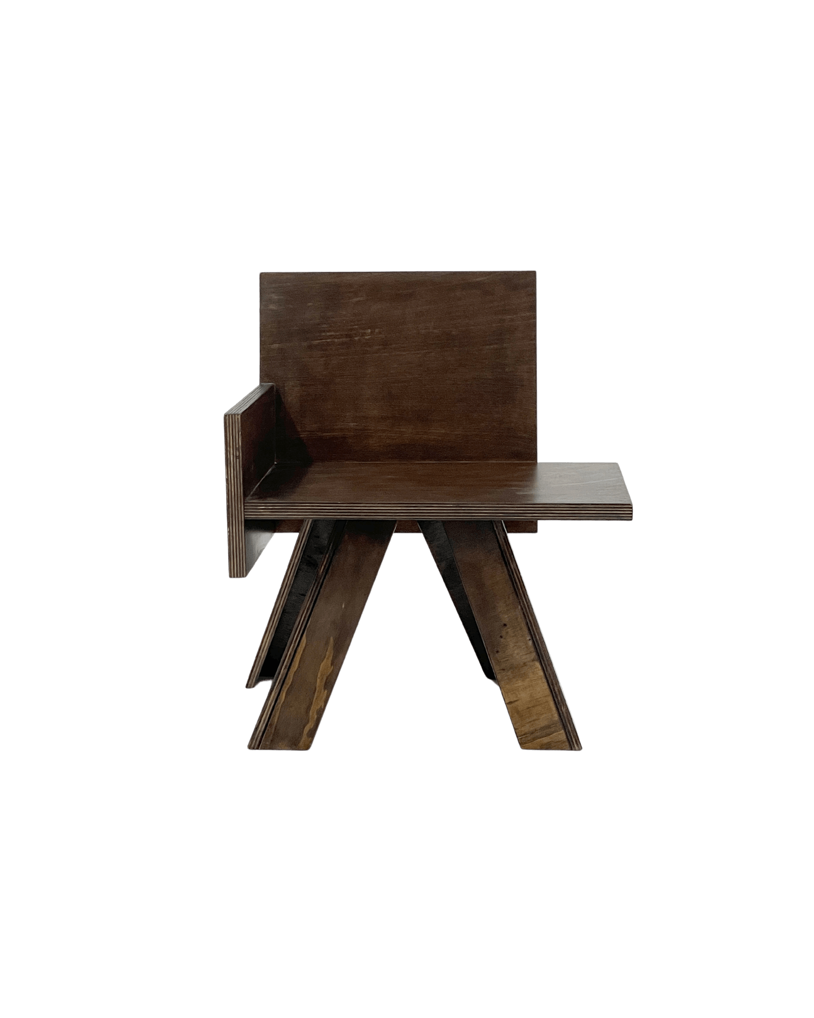 End Table Chair by Goons – dark plywood armchair, single left armrest and angular A-frame base