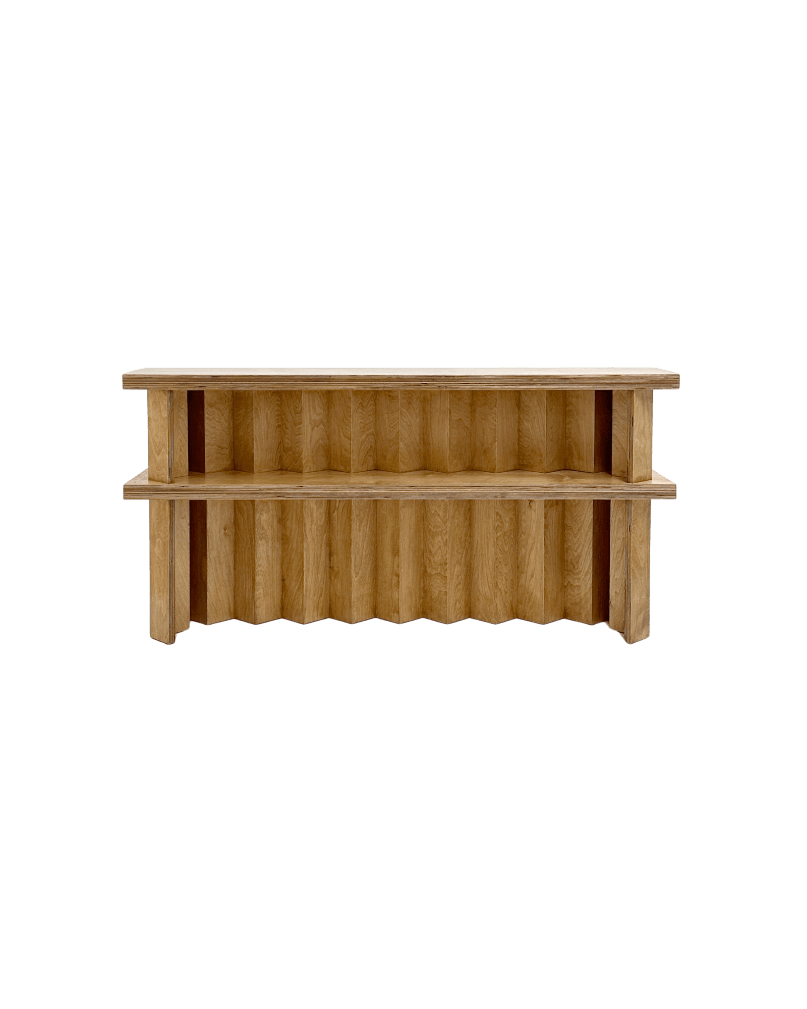 Foundation Console by Goons - two-tier birch plywood console, corrugated vertical panels and open shelves
