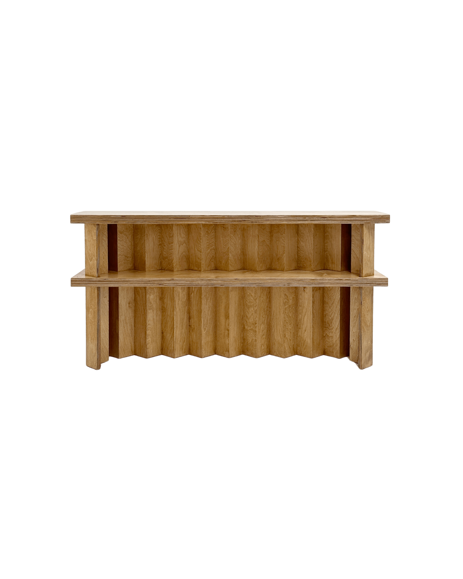 Foundation Console by Goons - two-tier birch plywood console, corrugated vertical panels and open shelves