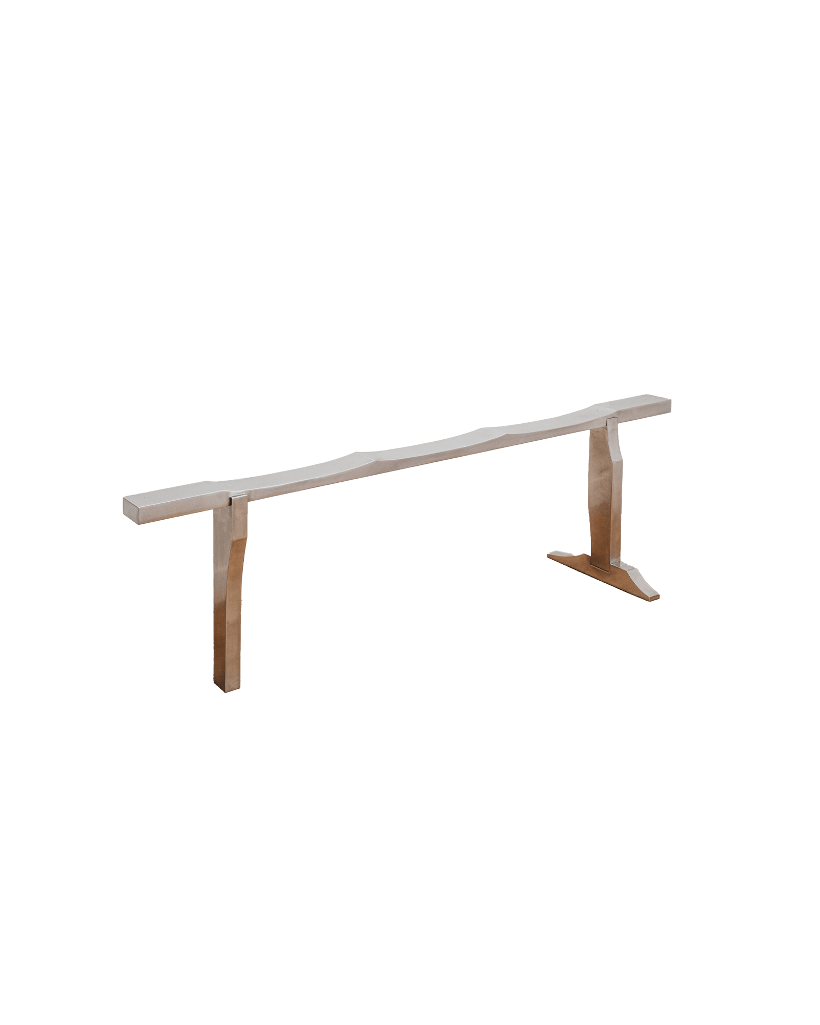 3SB bench by Heim+Viladrich – pale wood, undulating top beam and sculpted T-shaped legs with flared bases