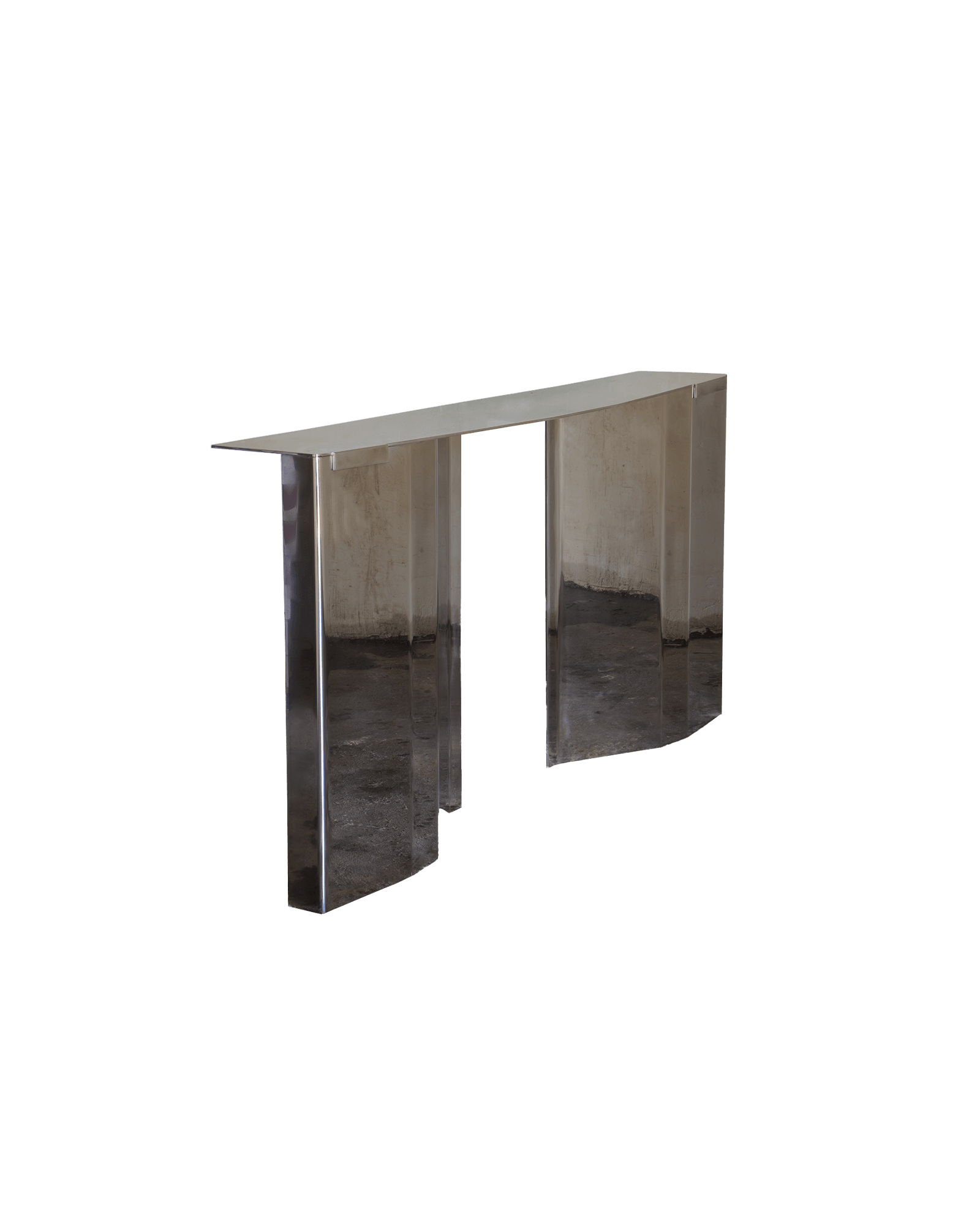 Folded Console by Heim+Viladrich – polished silver-grey metal console, segmented vertical base panels with curved edges