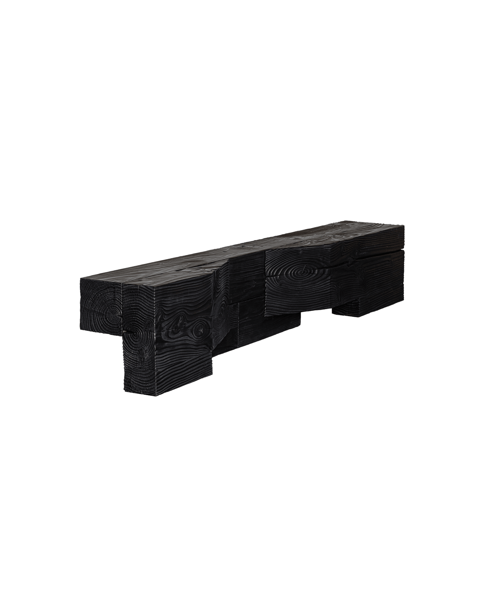 Glissière 02 by Heim+Viladrich – dark charcoal wood bench, interlocking blocks with ridged grain