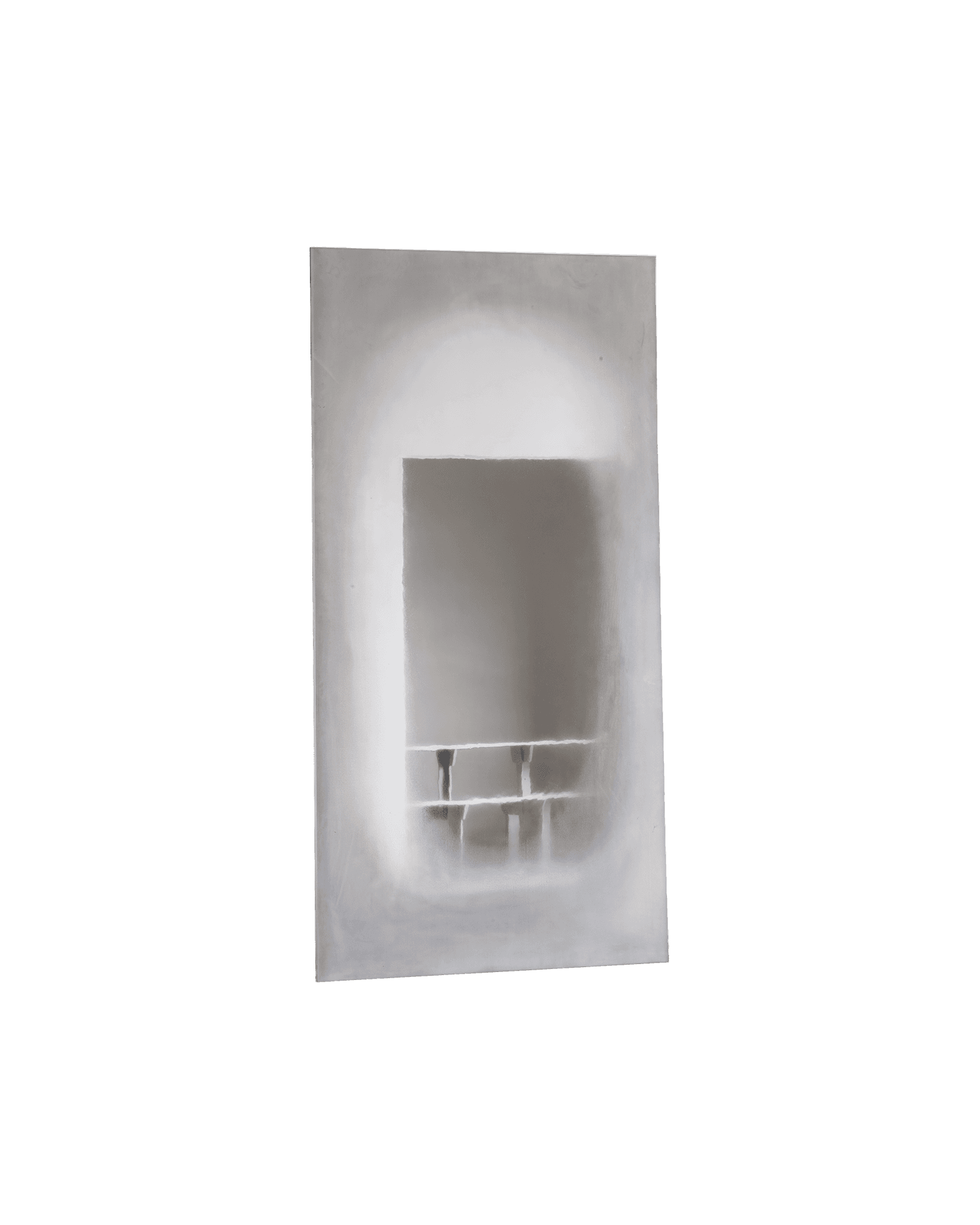 Steam Mirror by Heim+Viladrich – concrete-look wall mirror, recessed opening with dark cylindrical shelf elements