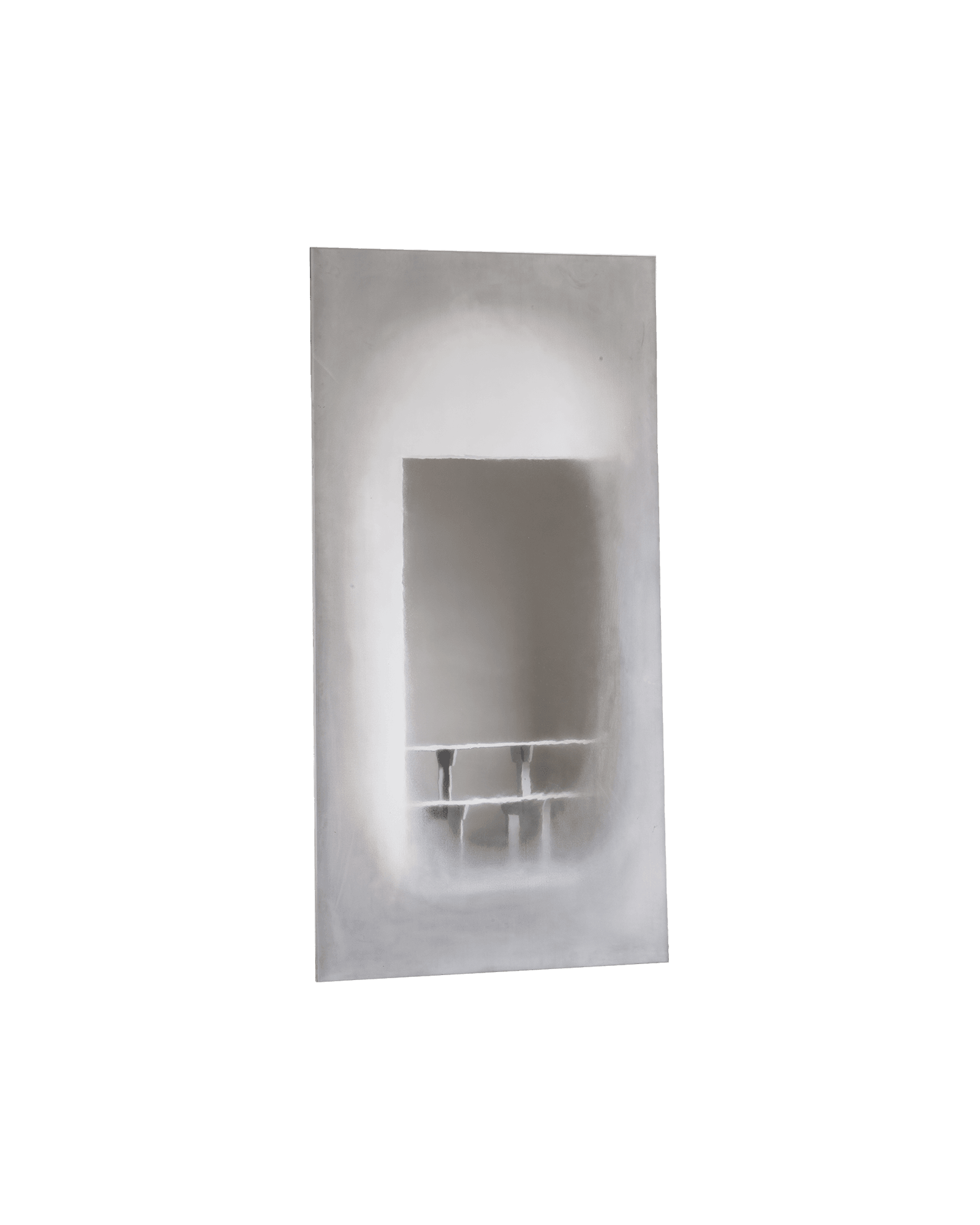 Steam Mirror by Heim+Viladrich – concrete-look wall mirror, recessed opening with dark cylindrical shelf elements
