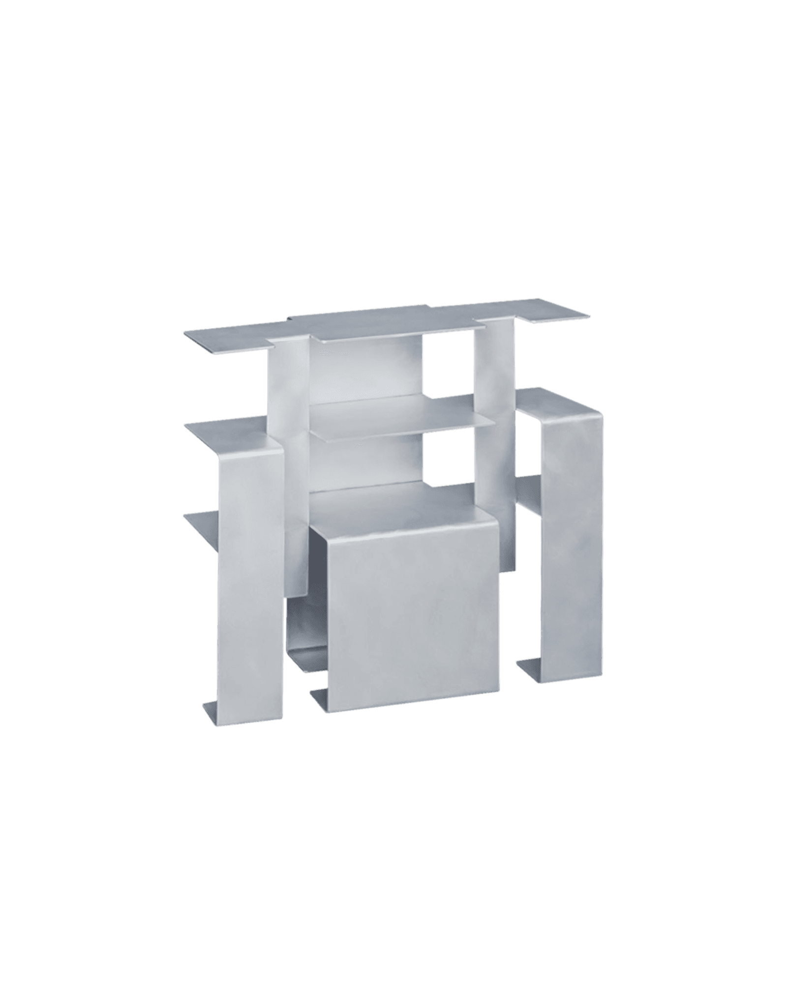 Staple Console by Wendy Andreu – silver-grey bent aluminium console with asymmetric open shelves, Staple Series