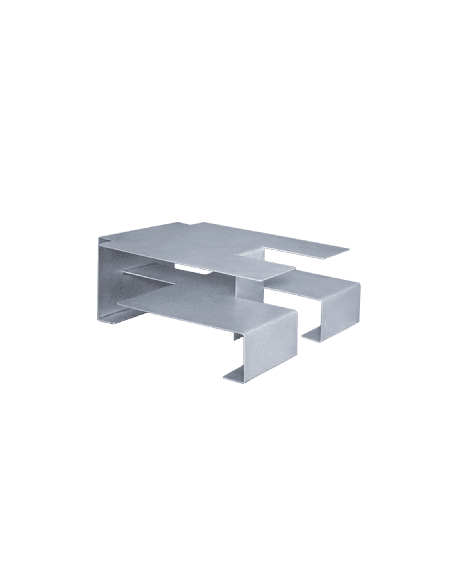 Staple Table by Wendy Andreu – low-profile multi-level brushed aluminium table, interlocking folded sheets