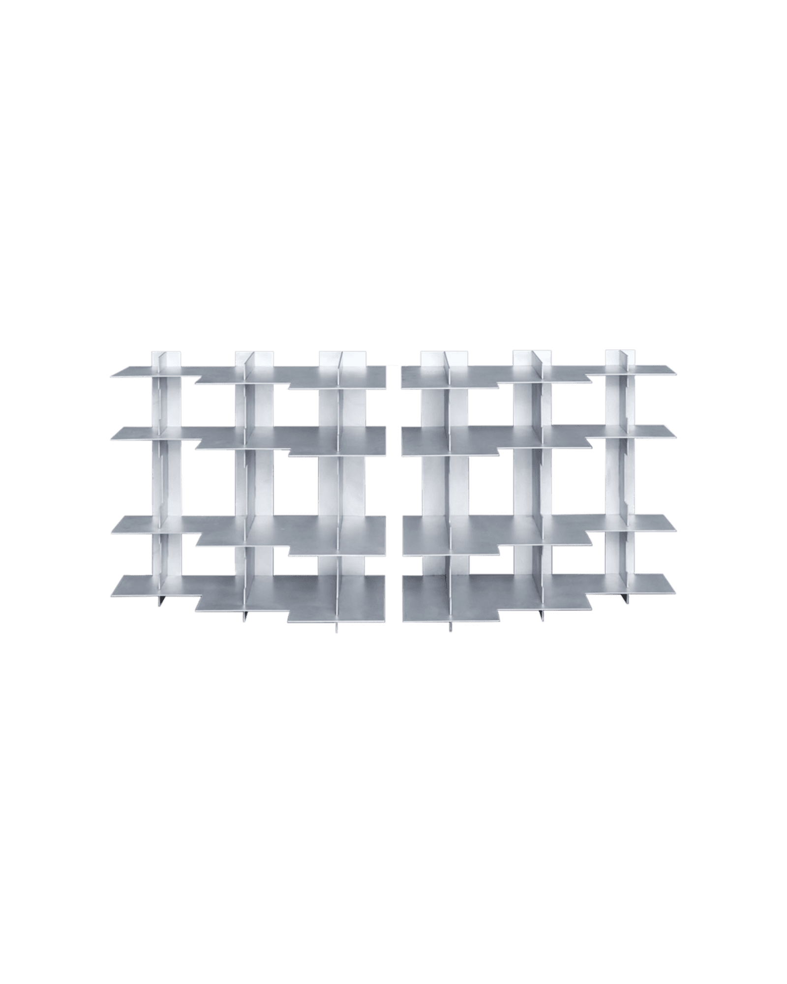 Twin Buffet by Wendy Andreu – two silver-grey aluminium shelving units with interlocking grid compartments