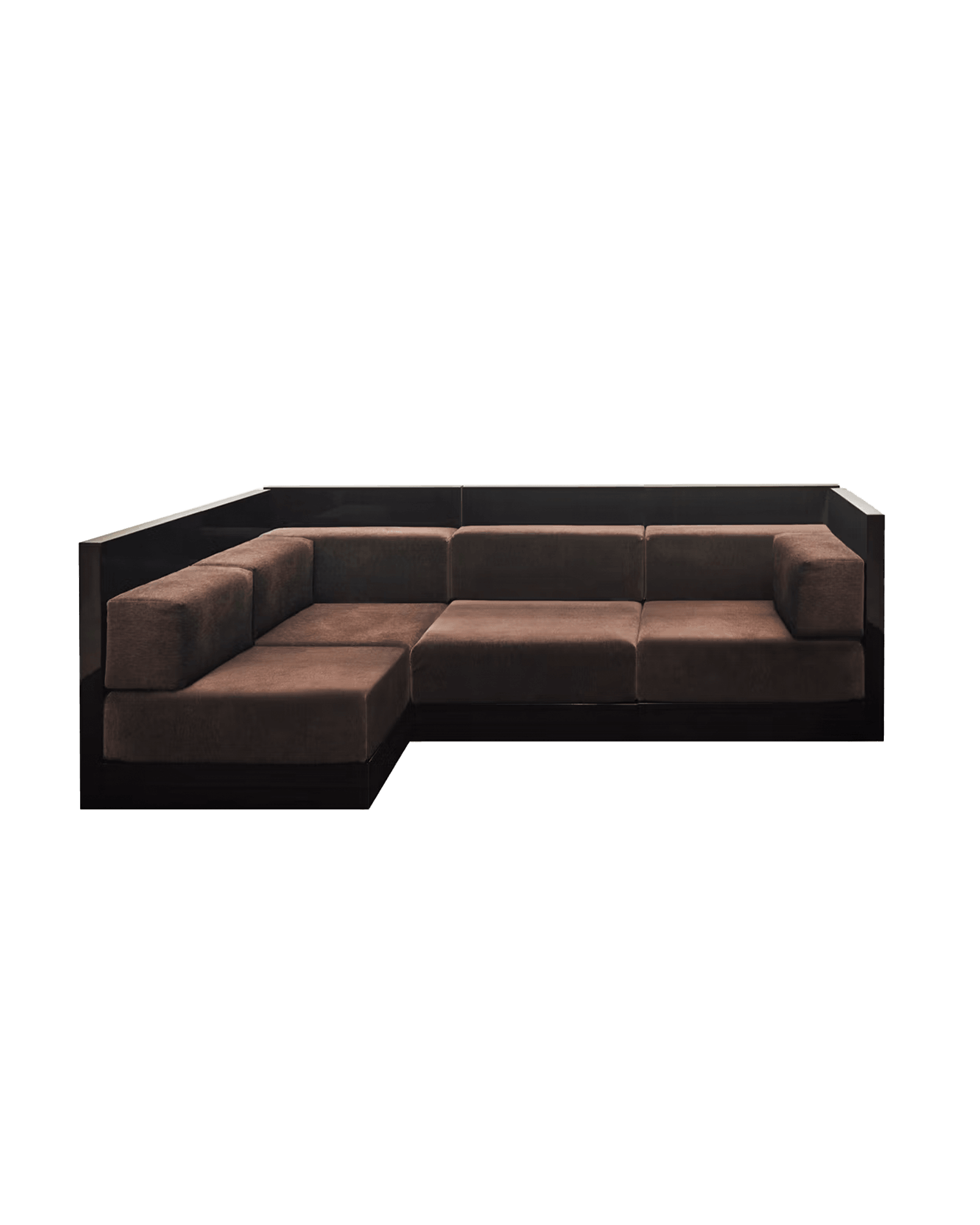 Odeon L by De Troupe - L-shaped sectional sofa, warm brown textile upholstery, dark lacquered frame