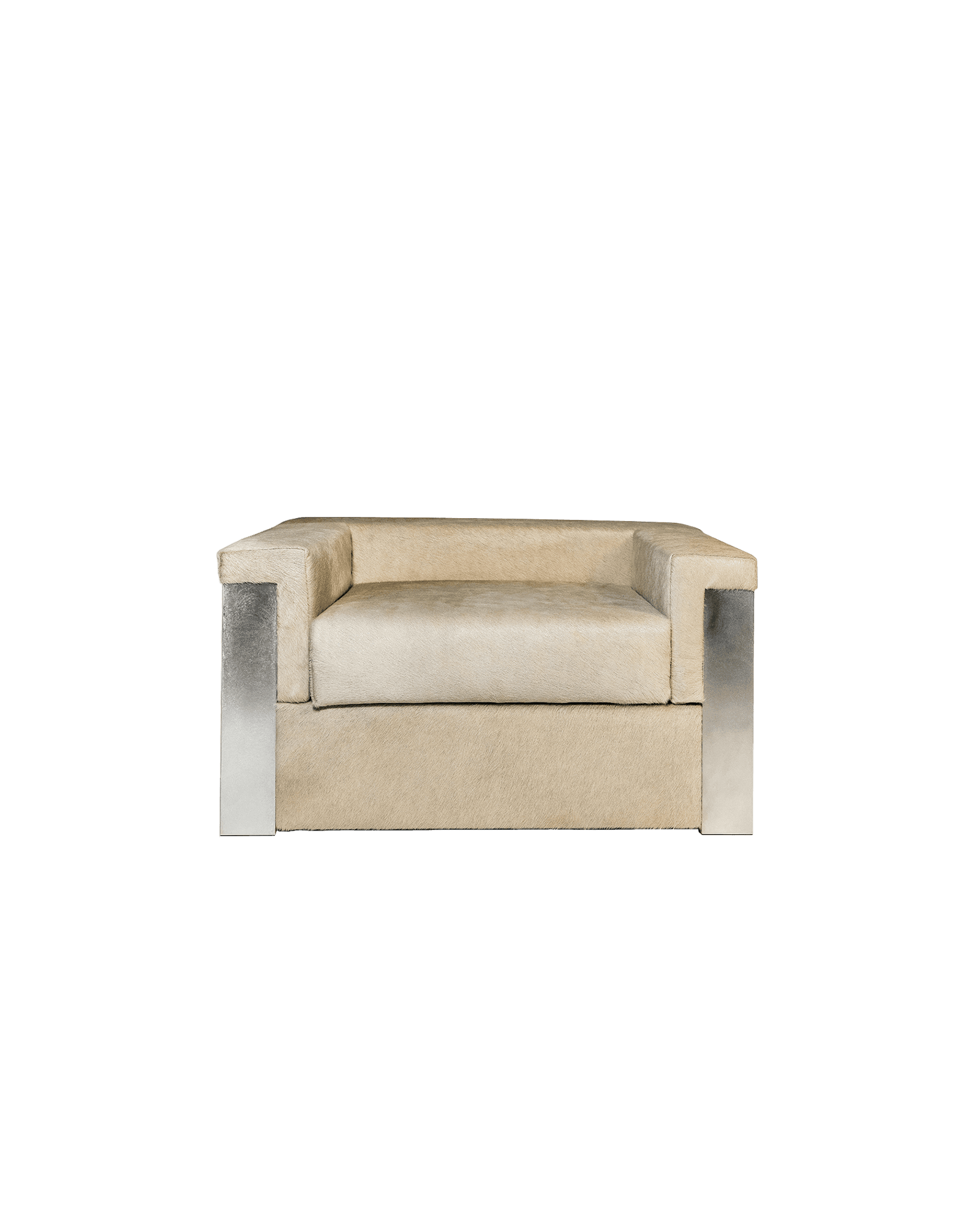 Palco armchair by De Troupe x Studioutte - beige textile seat, silver metal arm panels, low-profile angular form