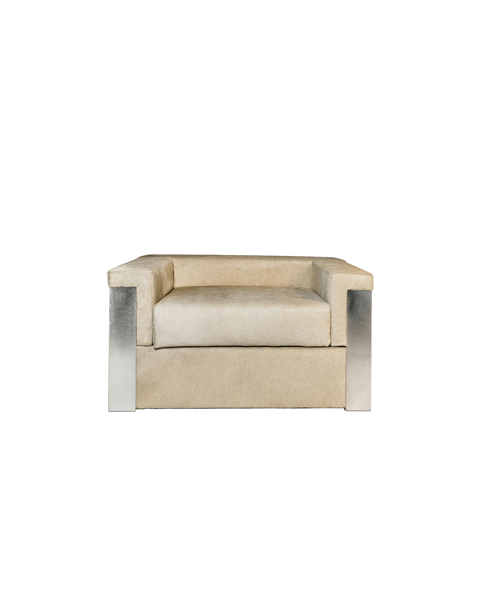 Palco armchair by De Troupe x Studioutte - beige textile seat, silver metal arm panels, low-profile angular form