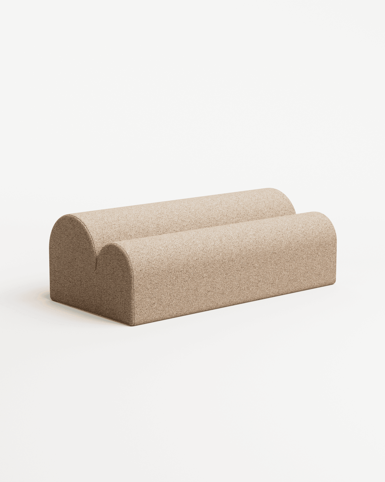 International bench by Bateaumagne, two parallel rounded half-cylinders upholstered in speckled beige Pierre Frey corded wool