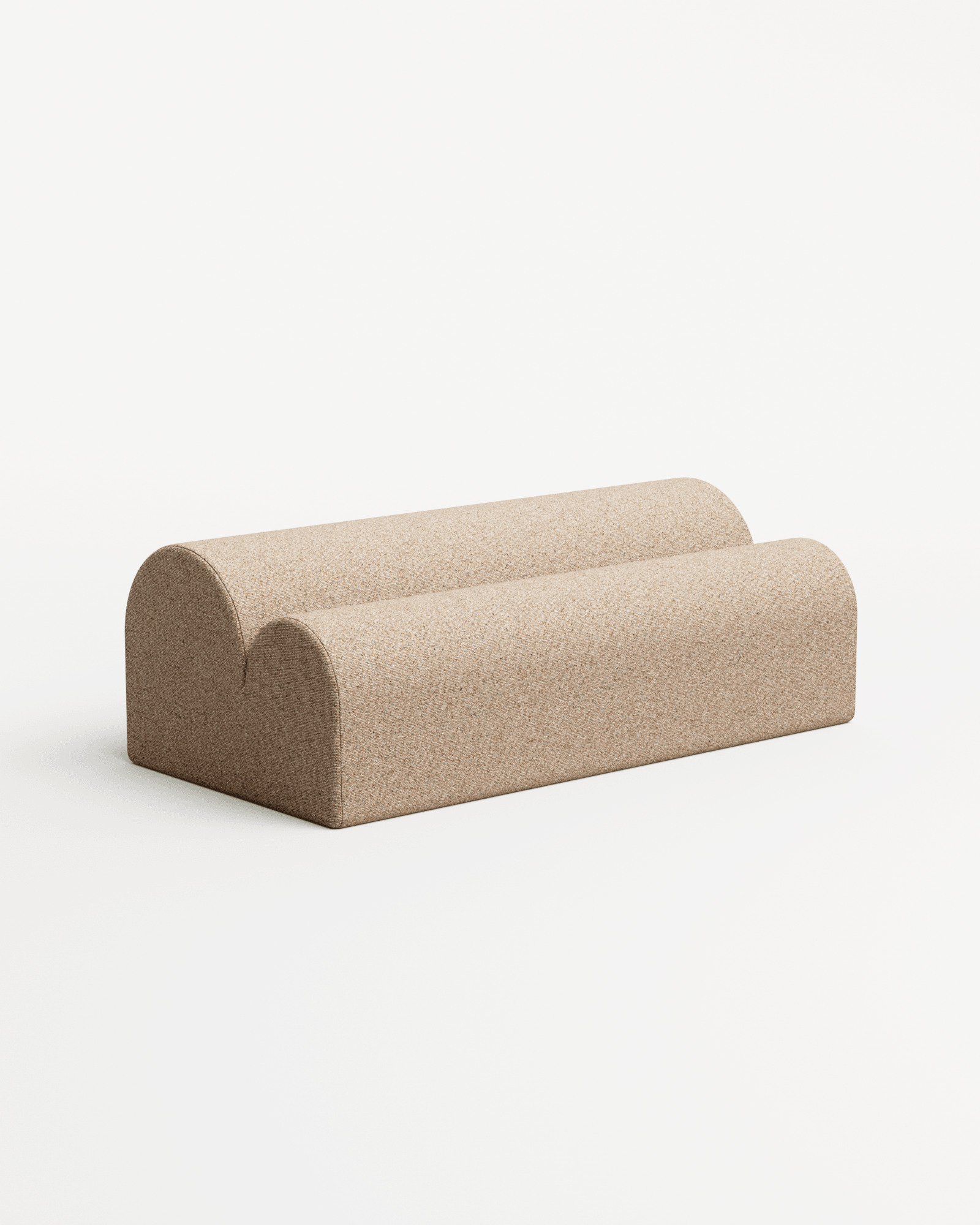 International bench by Bateaumagne, two parallel rounded half-cylinders upholstered in speckled beige Pierre Frey corded wool
