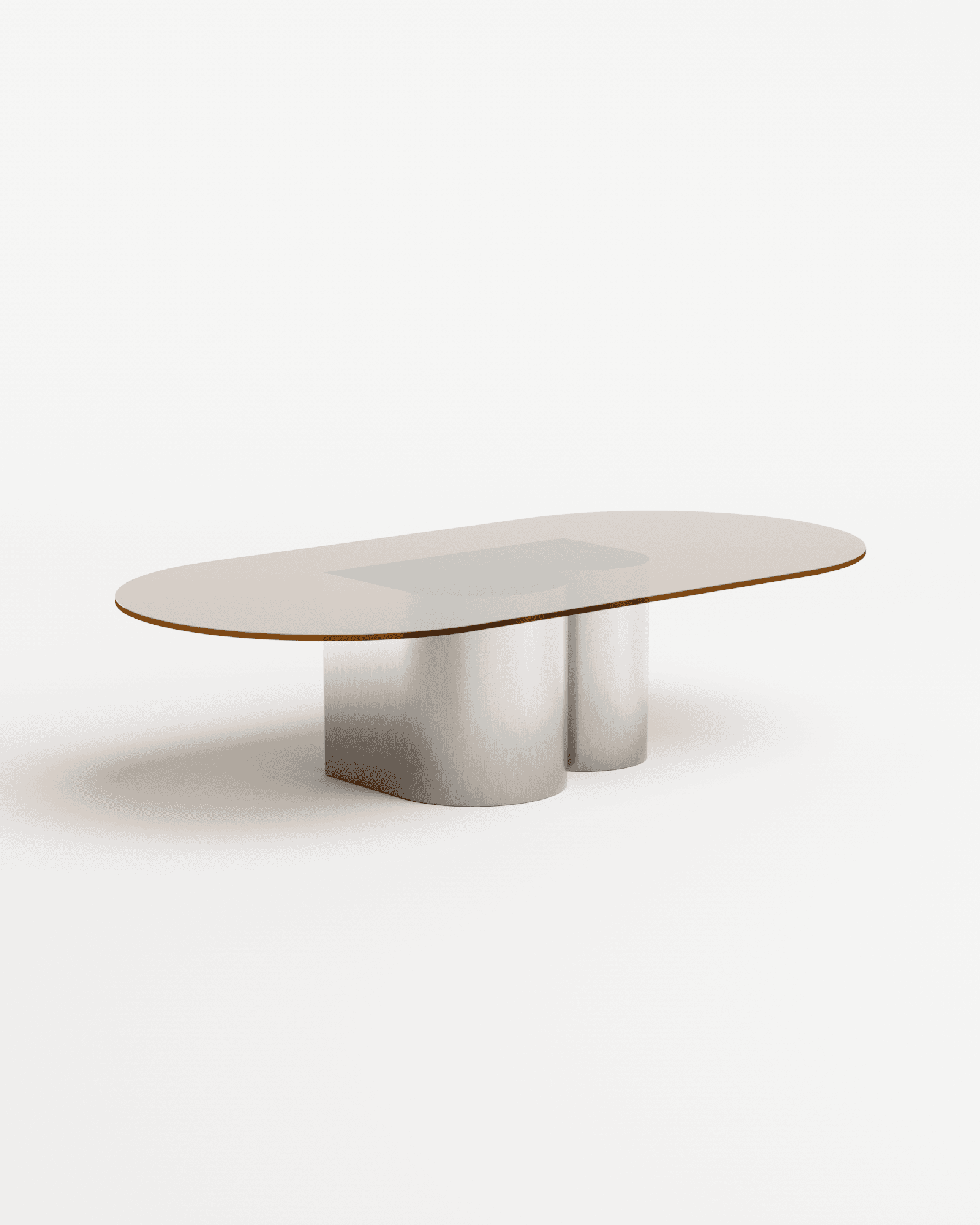 International coffee table by Bateaumagne, oval bronze-tinted glass top on twin sculptural brushed stainless steel pedestals