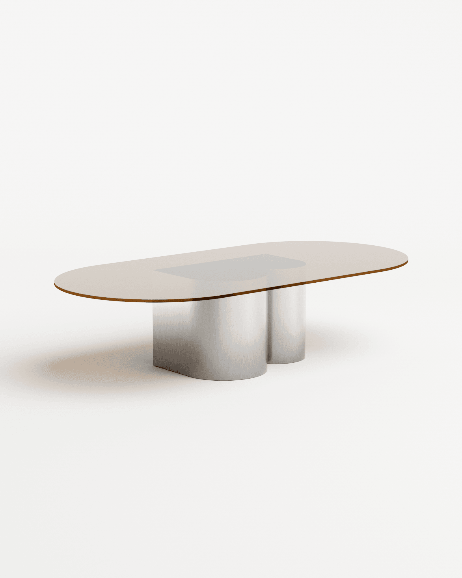 International coffee table by Bateaumagne, oval bronze-tinted glass top on twin sculptural brushed stainless steel pedestals