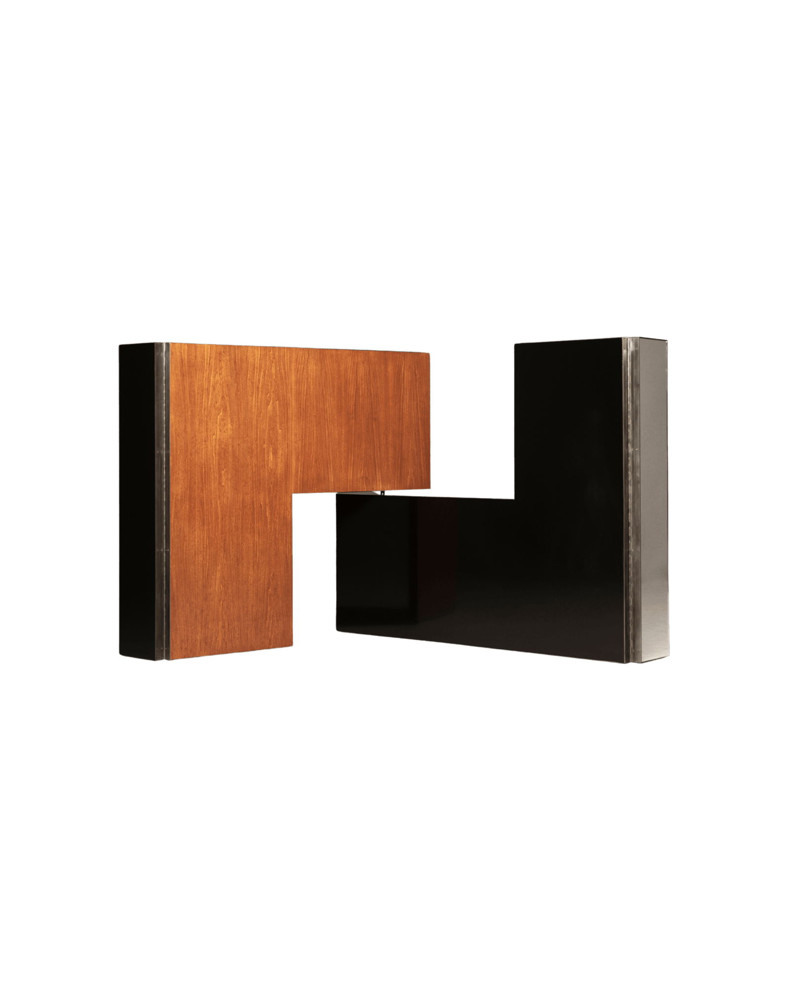 Geometric room divider with contrasting walnut and matte black L-shaped blocks, Drop 01 by Interni Venosta