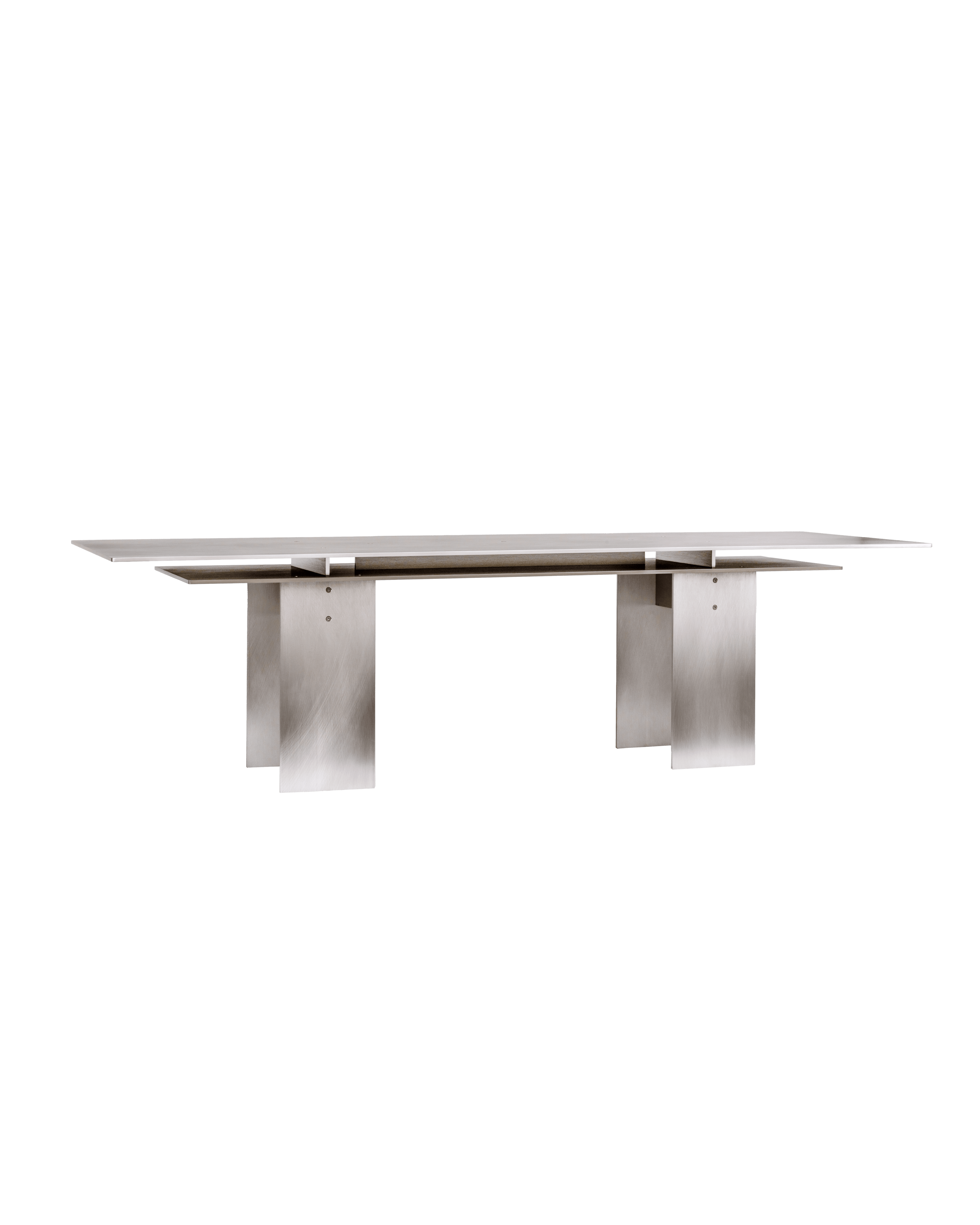 Office Table by Johan Viladrich - two-tier brushed aluminium table, flat column legs, visible fasteners, industrial design