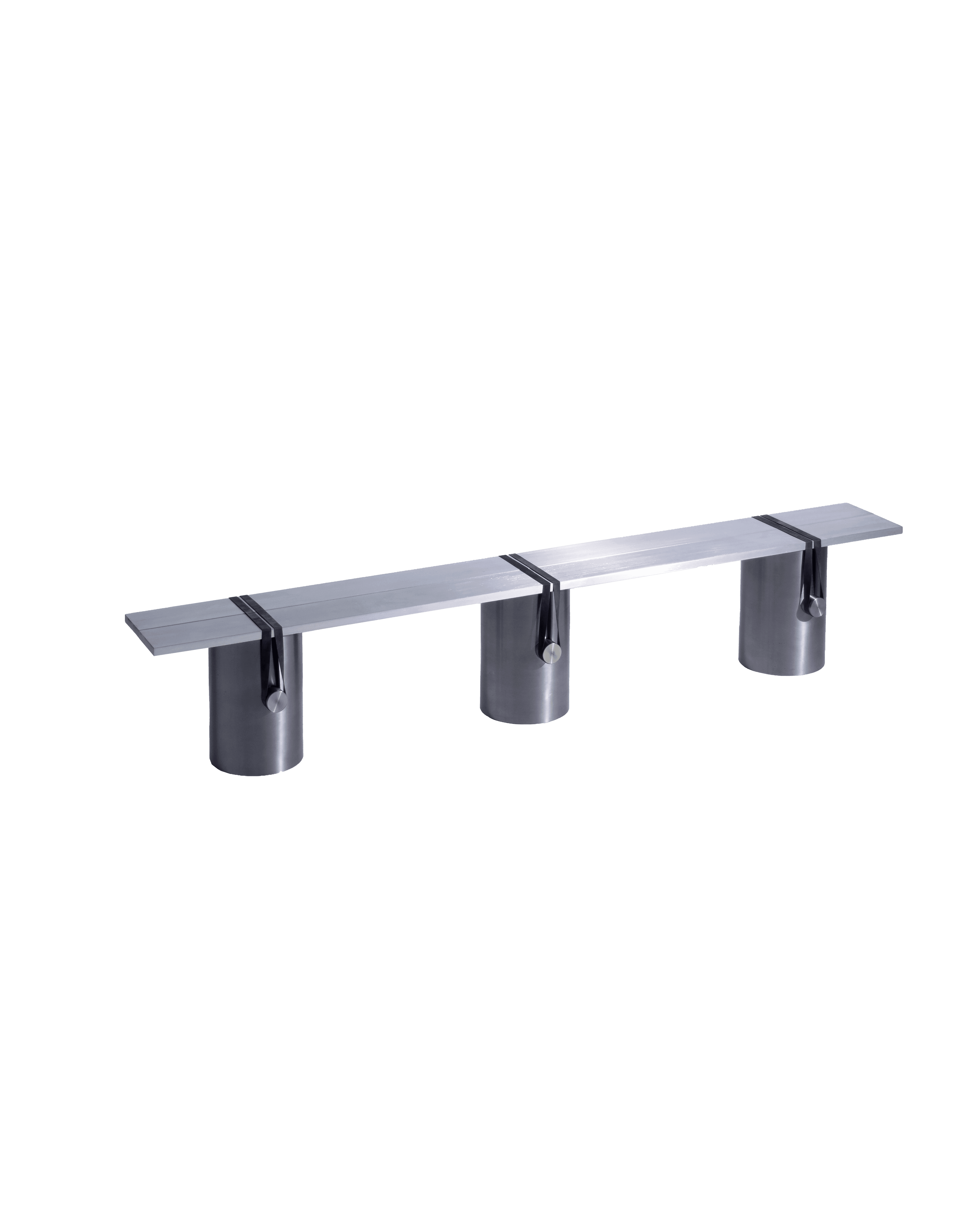 RB02 Bench by Johan Viladrich - brushed aluminium top on three cylindrical bases, black strap fixings, minimalist design