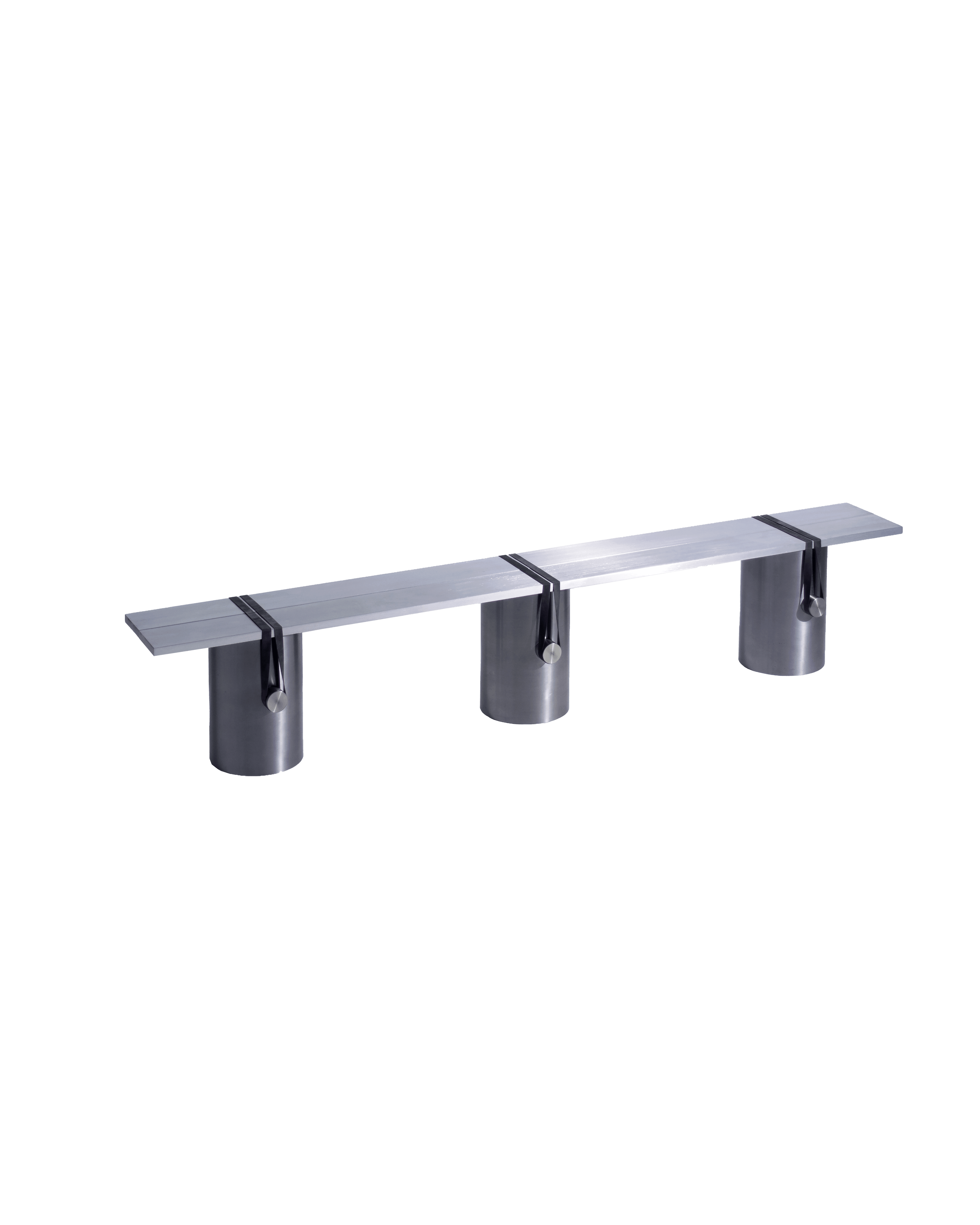 RB02 Bench by Johan Viladrich - brushed aluminium top on three cylindrical bases, black strap fixings, minimalist design