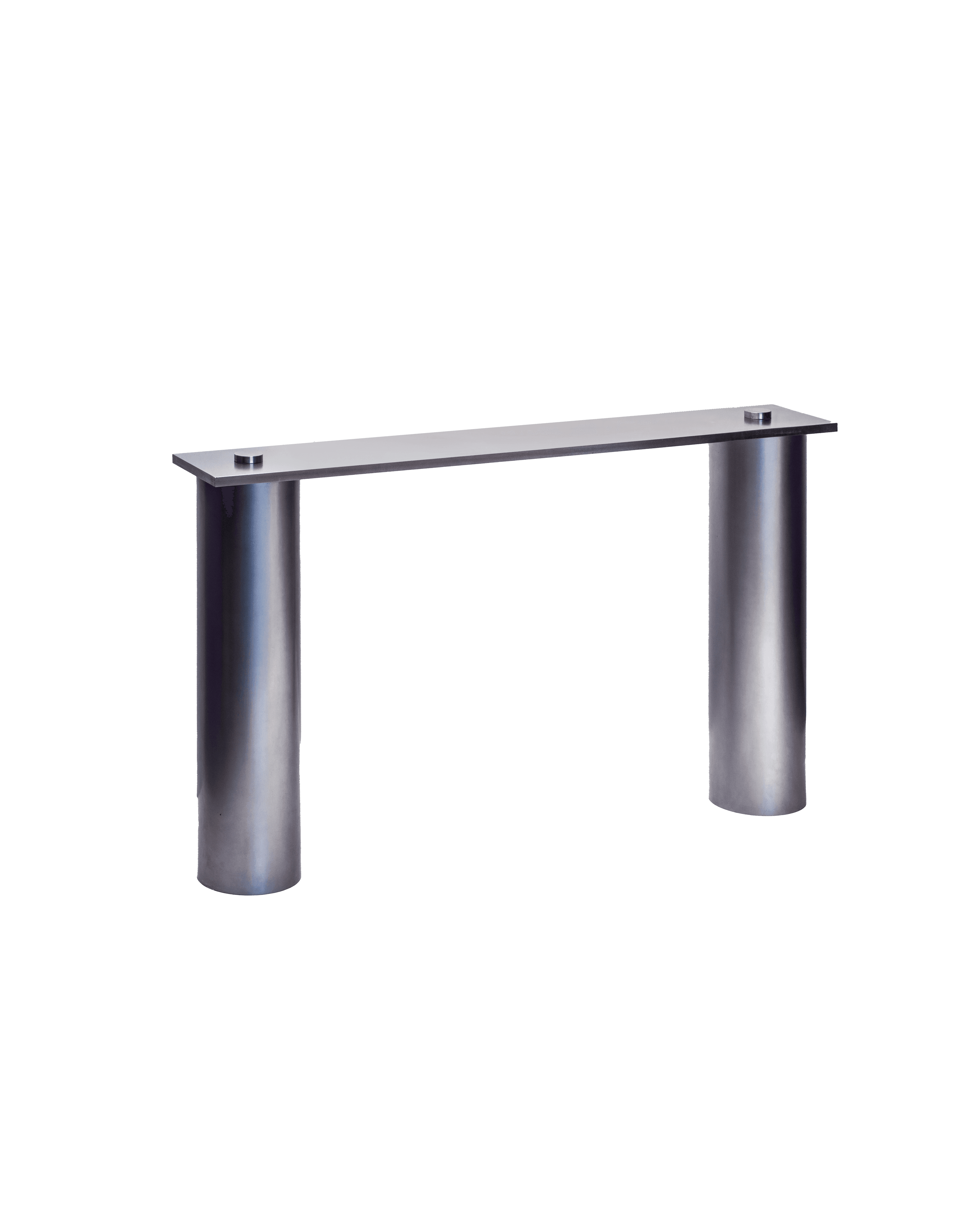 RC03 Console by Johan Viladrich - glass top on cylindrical brushed aluminium legs, visible metallic spacers
