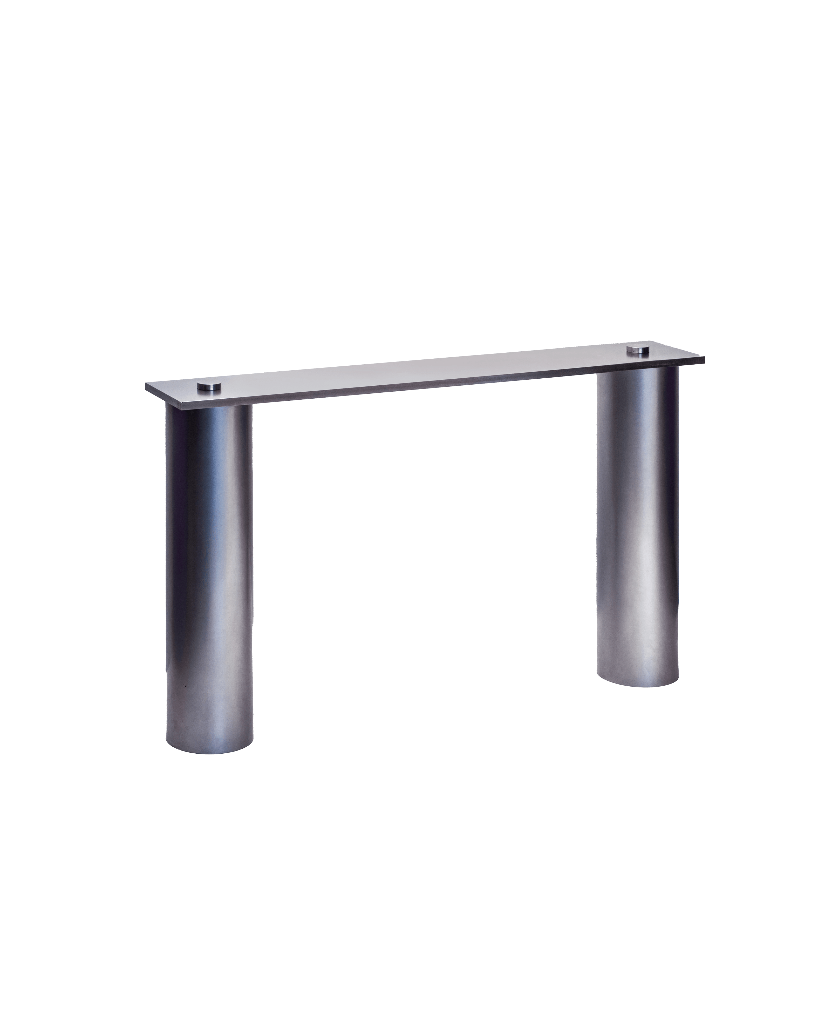 RC03 Console by Johan Viladrich - glass top on cylindrical brushed aluminium legs, visible metallic spacers