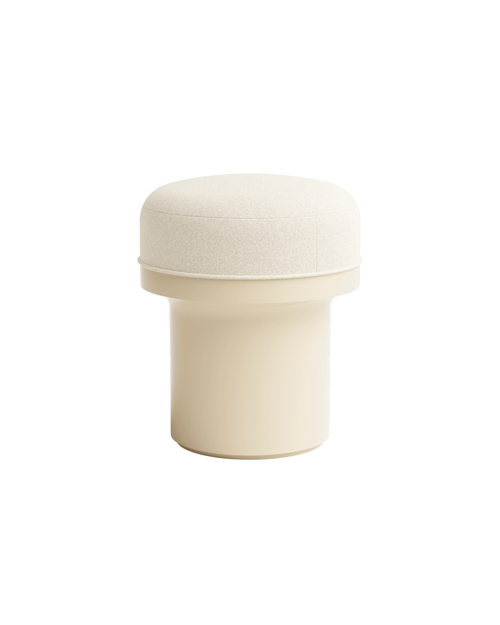 Kami 01 Stool by Le Cann – beige lacquer cylindrical base, rounded off-white textile cushion, compact squat form