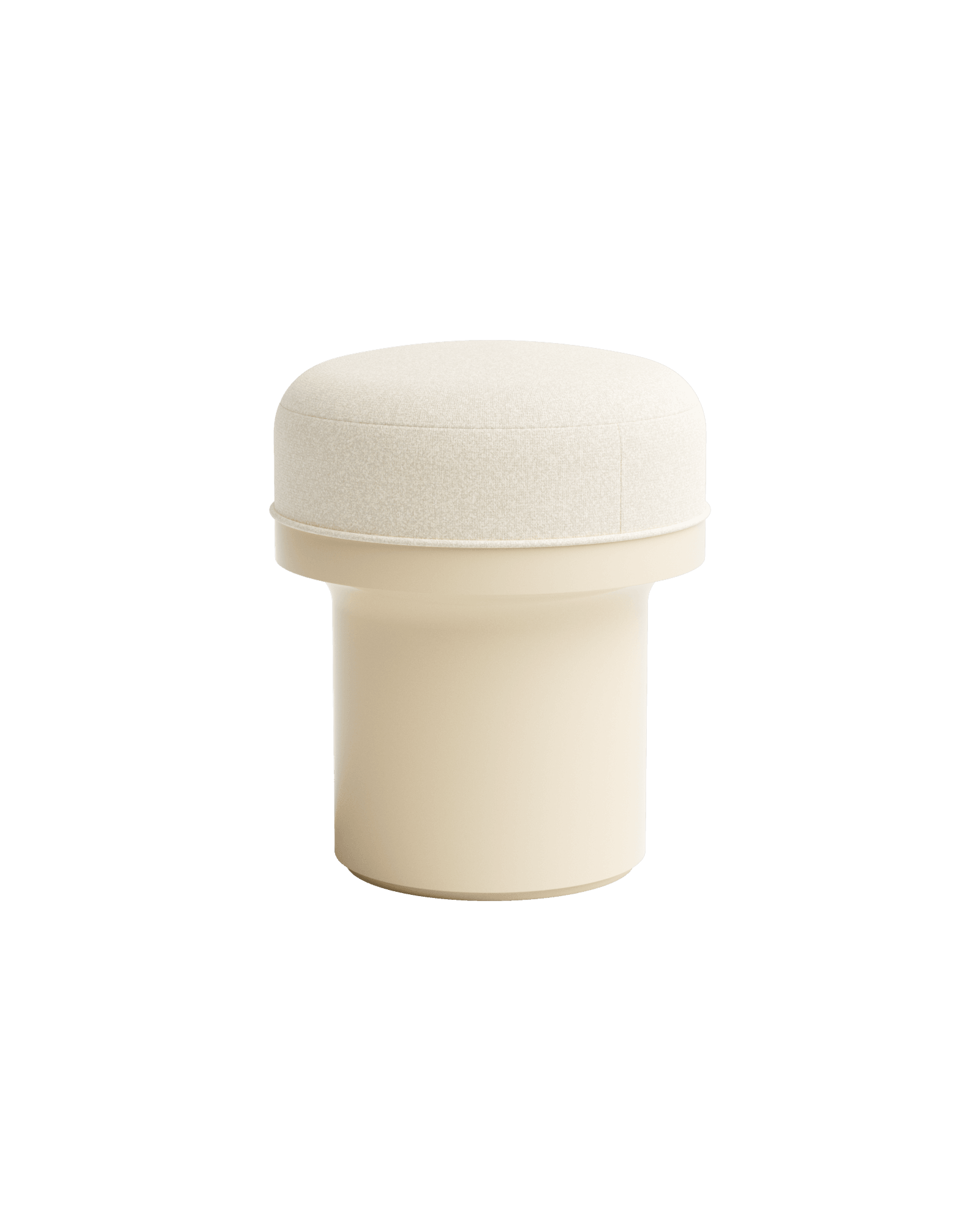 Kami 01 Stool by Le Cann – beige lacquer cylindrical base, rounded off-white textile cushion, compact squat form