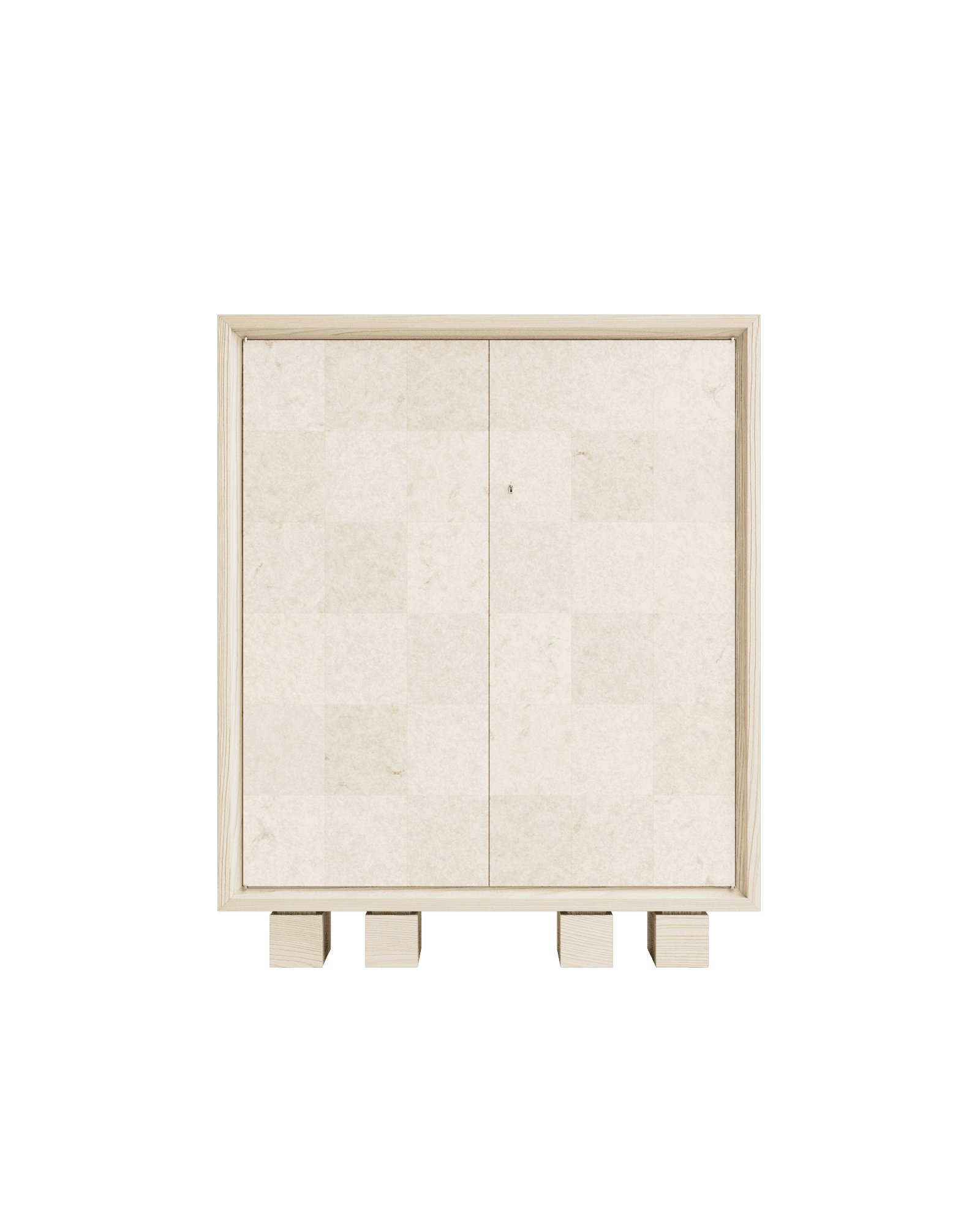 Kami 03 Cabinet by Le Cann - sandblasted pine cabinet with stone tile doors, four block feet and keyhole detail