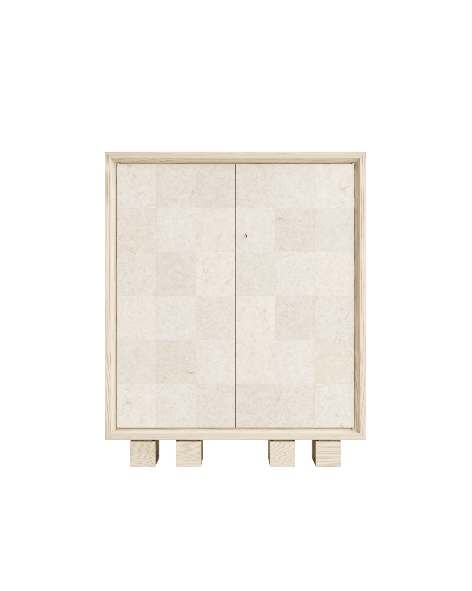 Kami 03 Cabinet by Le Cann - sandblasted pine cabinet with stone tile doors, four block feet and keyhole detail