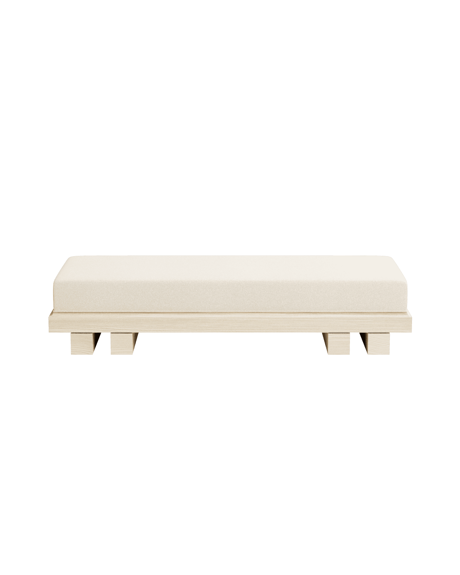Kami 04 Day Bed by Le Cann - sandblasted pine daybed, low rectangular form with block feet and beige textile mattress