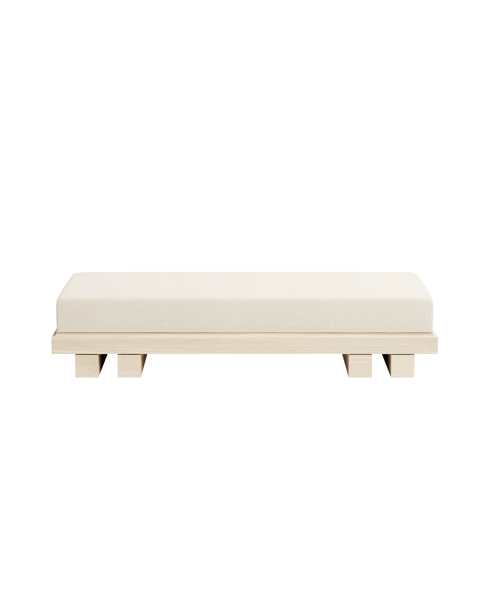 Kami 04 Day Bed by Le Cann - sandblasted pine daybed, low rectangular form with block feet and beige textile mattress
