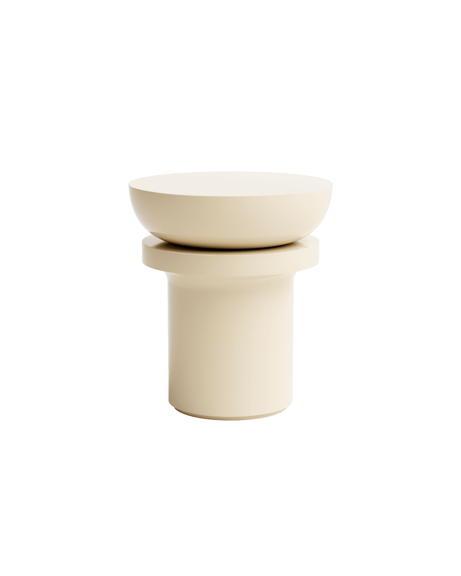Kami 05 Side Table by Le Cann - beige lacquer pedestal table, shallow bowl top on flared cylindrical base