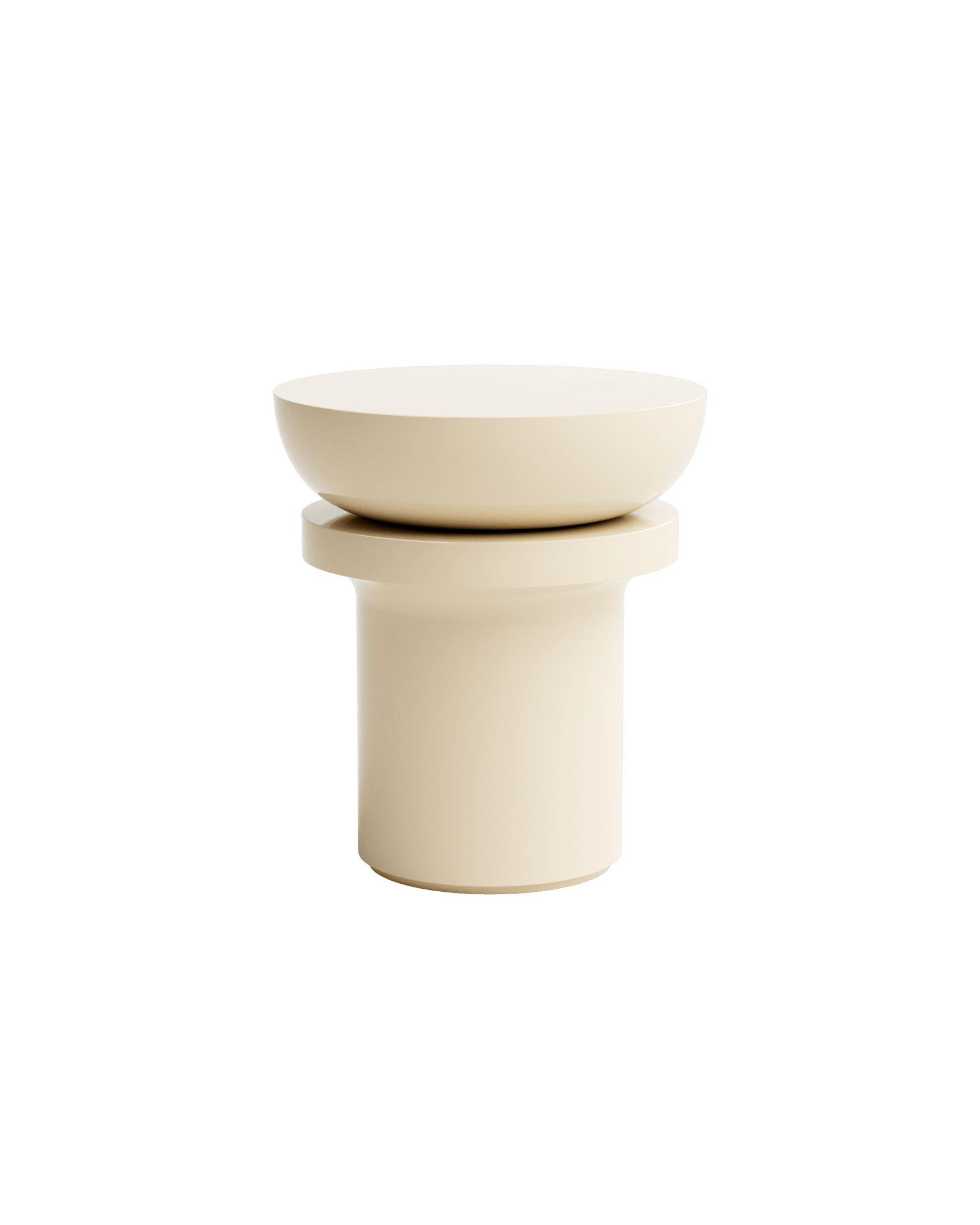 Kami 05 Side Table by Le Cann - beige lacquer pedestal table, shallow bowl top on flared cylindrical base